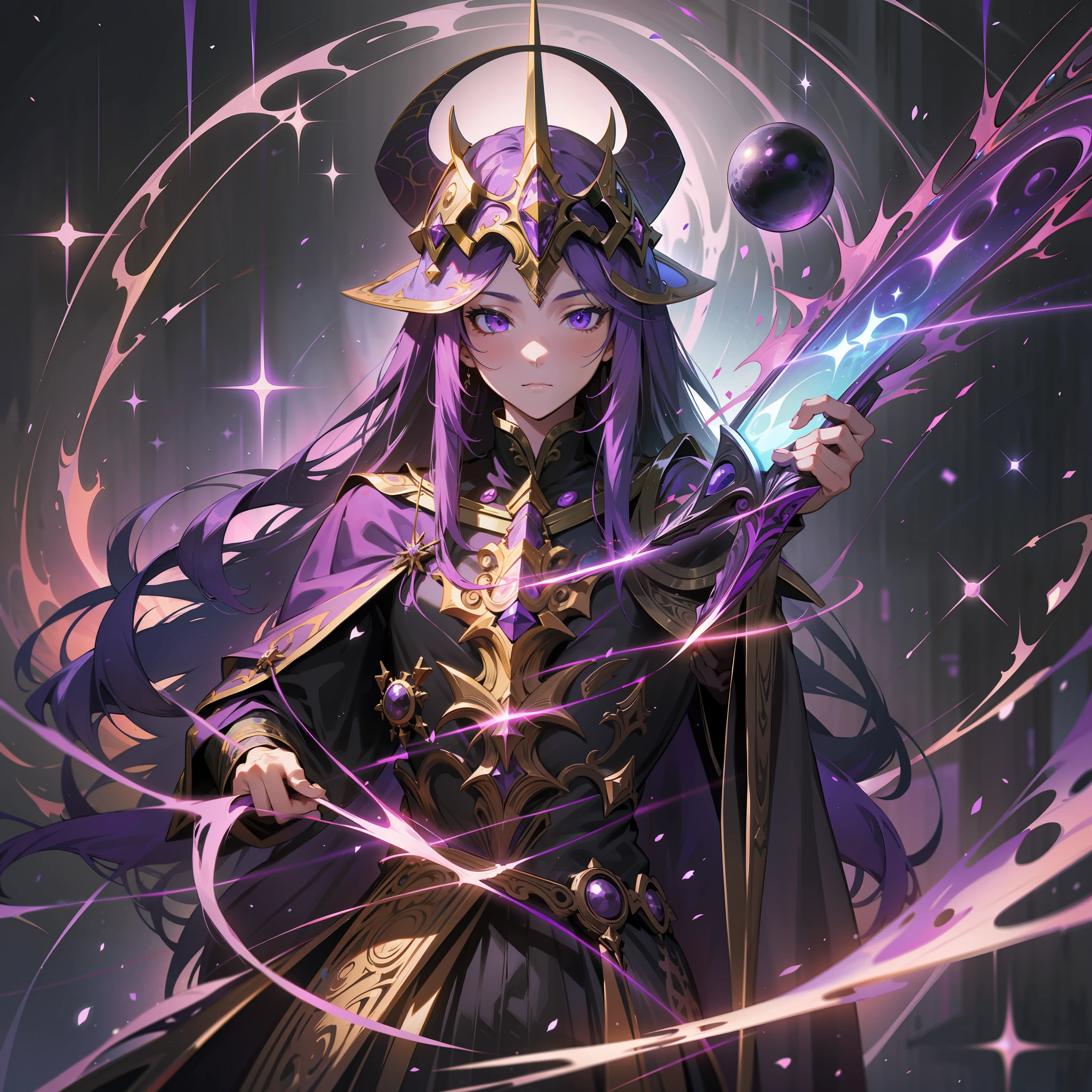 a man, mage, purple long hair, dark fantasy, detailed purple and black cosmic robe, cosmic staff
