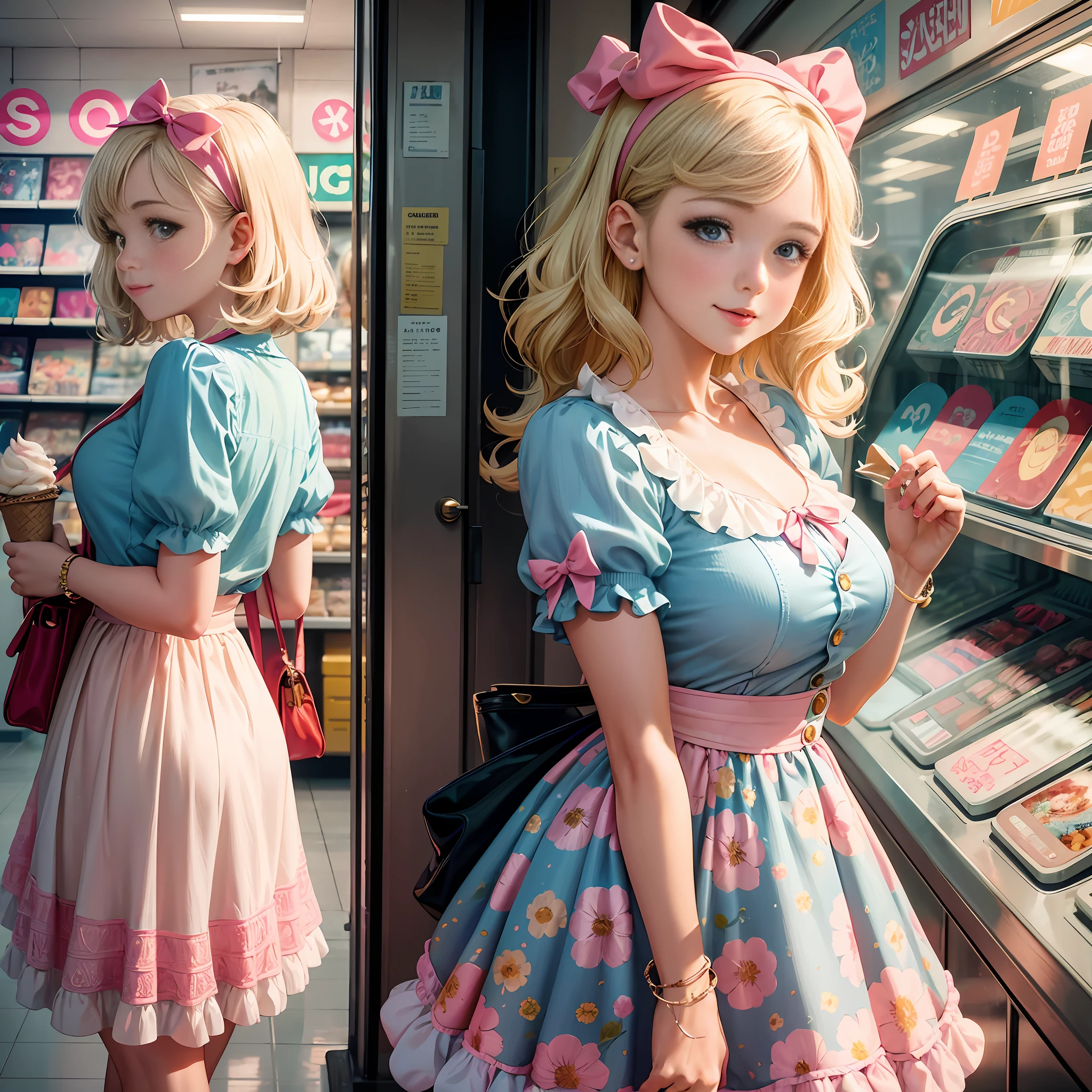 In the world of anime, a cute girl with a retro vibe is depicted. She has a style that is bright and cheerful, but with nostalgic elements of times past,Her hair is short and lightly wavy. Her hair is light beige with some accents of pop colors. She sometimes wears a small ribbon or flower headband as a hair decoration,Her face is round and her cheeks are plump. Her eyes are large and expressive with winks and smiles. Her eyes are bright blue or green and sparkle,Her clothing reflects a retro style. A closer look reveals vintage elements, ruffles, lace, and floral patterns. Dressy dresses and skirts are sometimes worn with a bolero or cardigan. On the feet, shoes with merry-go-round designs or pretty pumps are often worn,Backgrounds may depict a sky full of colorful pastel clouds or a retro cityscape. She may also be in an ice cream store, record store, retro game center, or some other place filled with retro elements,She is often depicted laughing happily and eating sweets. --auto --s2