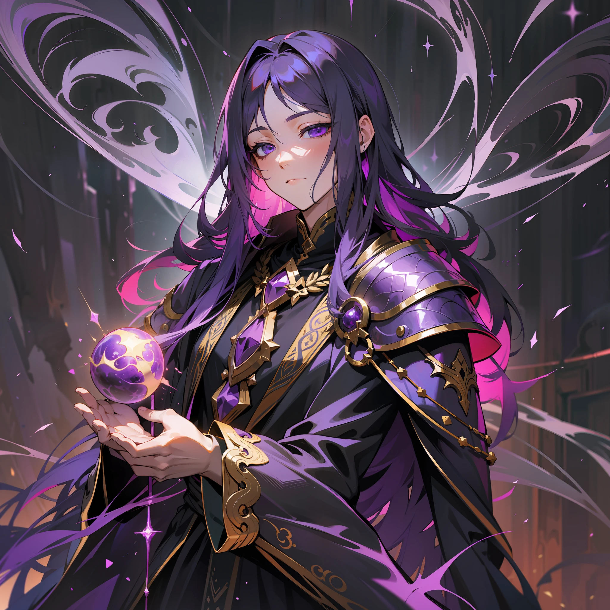 a man, mage, purple long hair, dark fantasy, detailed purple and black cosmic robe, cosmic staff