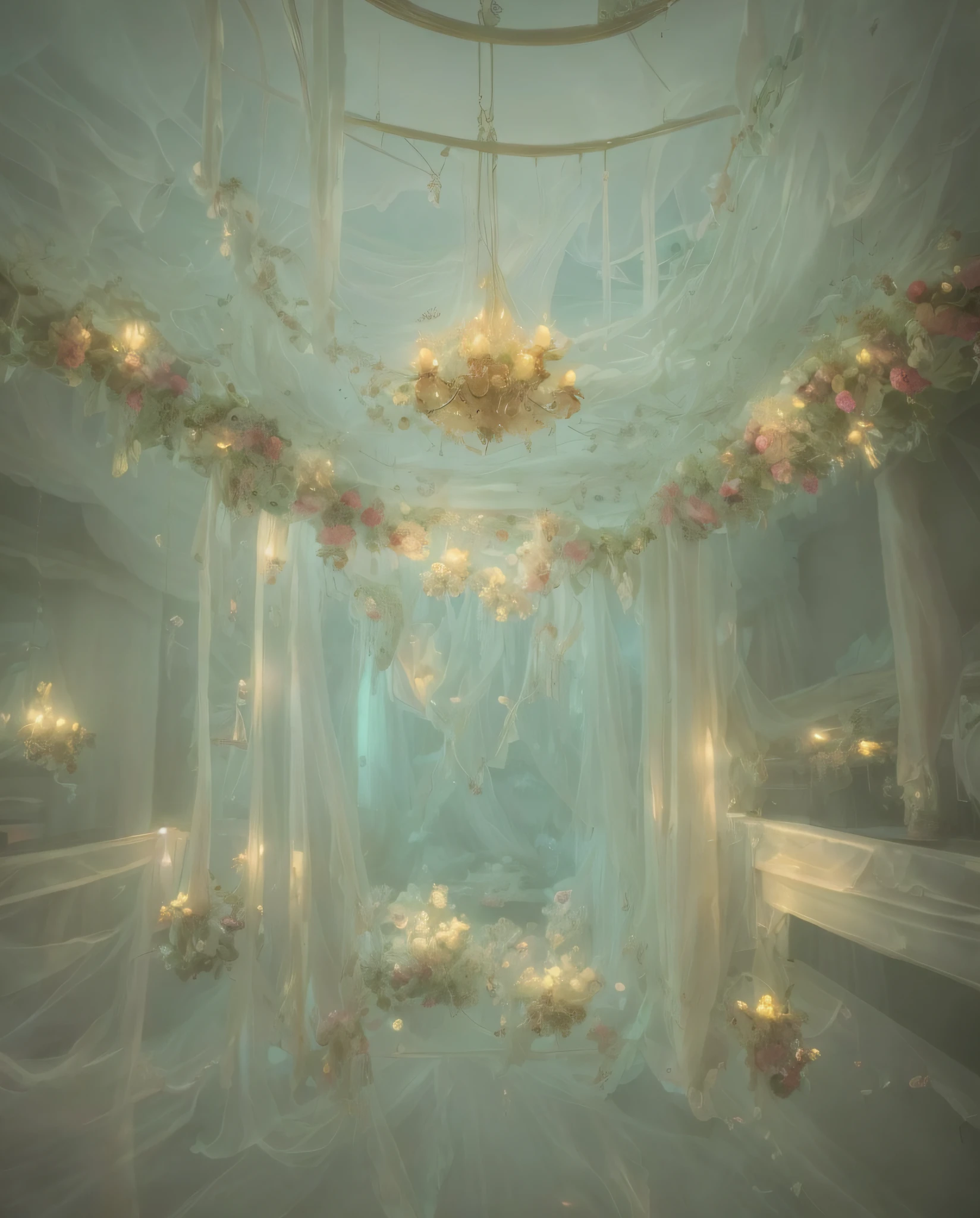 a close up of a room with a lot of flowers on the ceiling, dreamy atmosphere and drama, dreamy aesthetic, dreamy and detailed, very magical and dreamy, atmospheric beautiful details, neo-rococo expressionist style, ethereal fairytale, dreamy atmosphere, fantasy aesthetic!, dreamy scene, fairy aesthetics, dreamy ethereal vibe, incredibly ethereal, beautiful aesthetic, ethereal and dreamy theme