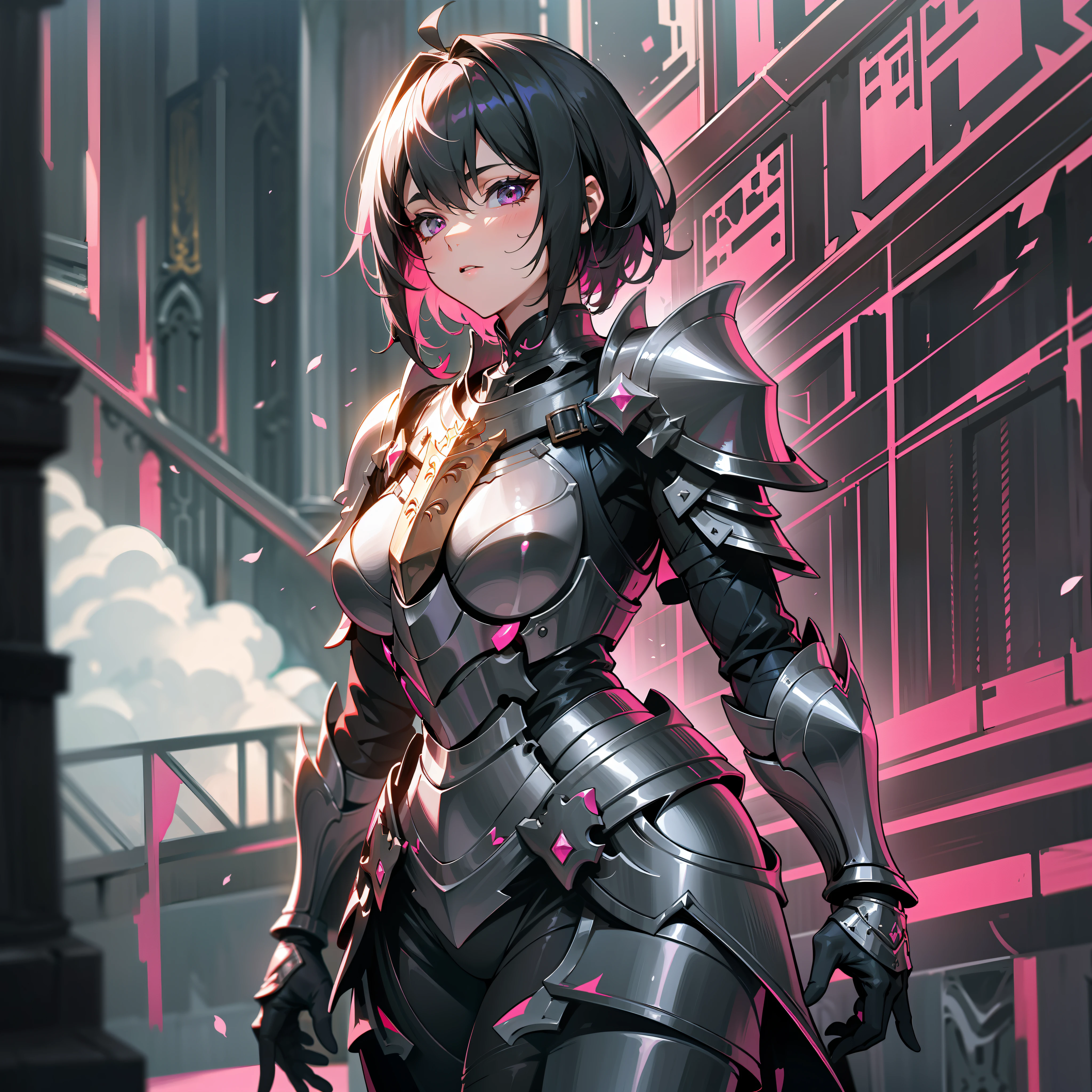 a woman, paladin, wildly black short hair, dark fantasy, detailed black and pink armor, detailed pink and black shield, large sword