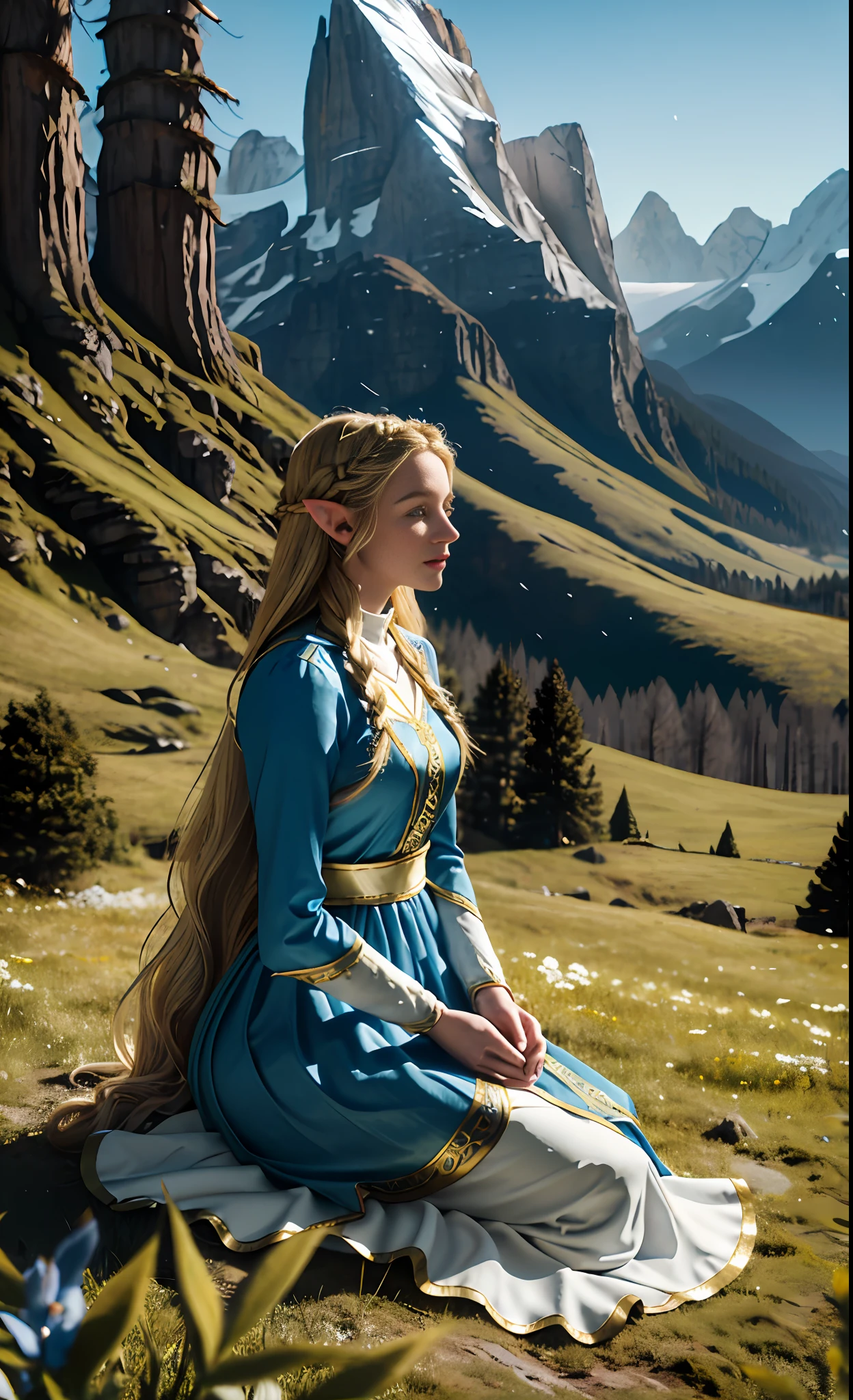 Blonde, elf, blue dress, white dress, European and American, forest, Disney, white long skirt with golden trim, golden decoration, girl, princess, legend of zelda, rock, eyes, flowing hair, delicate hair, Nordic style, wind blowing, coiled hair, small braid, (distant mountains), Alps, meadows, kneeling and holding elves