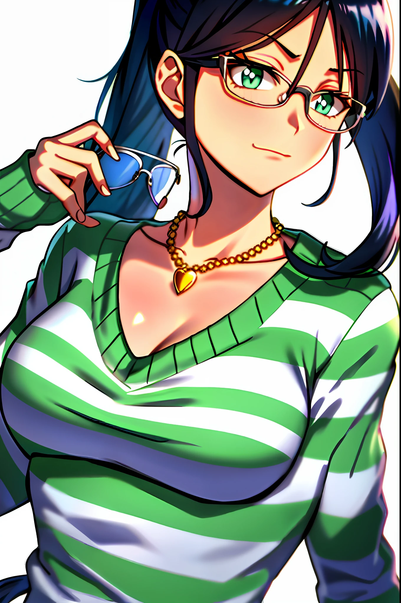 nico robin, one piece, one piece: strong world, 1girl, adjusting eyewear, bangs, black hair, breasts, closed mouth, collarbone, glasses, high ponytail, jewelry, large breasts, light blush, long hair, long sleeves, looking at viewer, necklace, ponytail, shirt, sidelocks, solo, green and white stripes, striped shirt, upper body, v-neck, ((masterpiece))