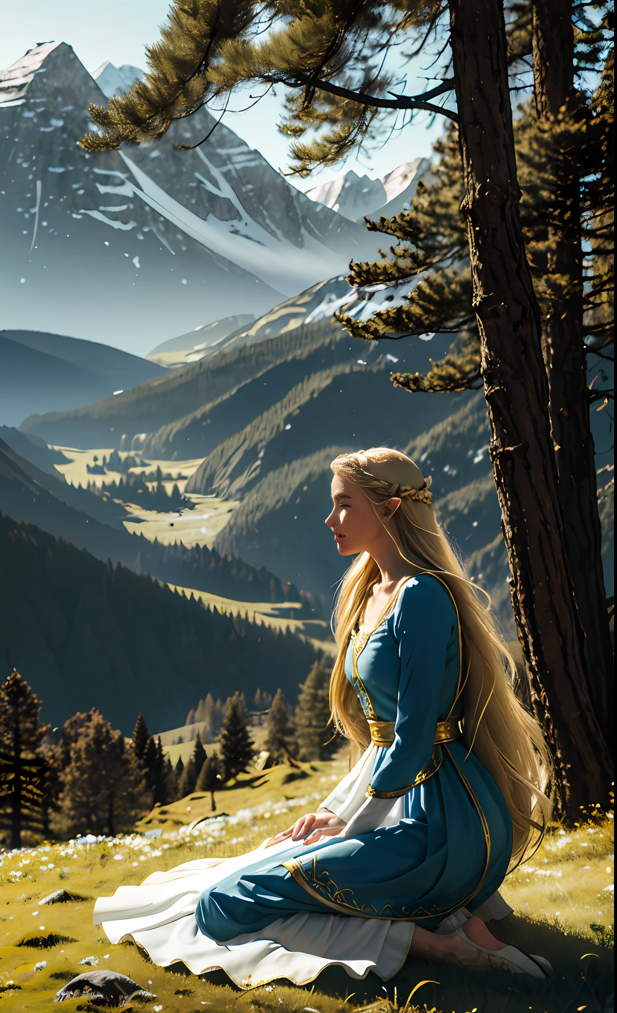 Blonde, elf, blue dress, white dress, European and American, forest, Disney, white long skirt with golden trim, golden decoration, girl, princess, legend of zelda, rock, eyes, flowing hair, delicate hair, Nordic style, wind blowing, coiled hair, small braid, (distant mountains), Alps, meadows, kneeling and holding elves