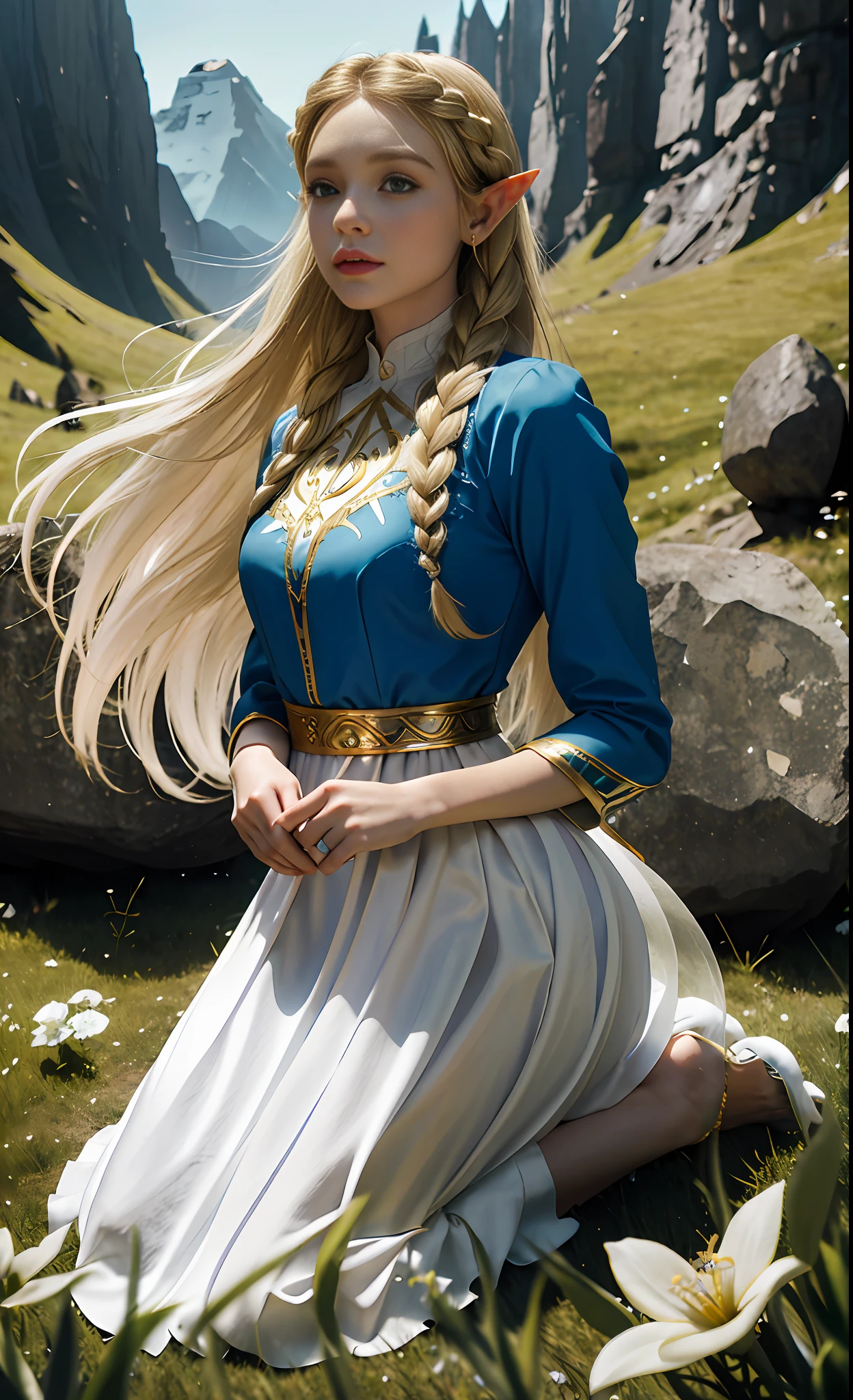 Blonde, elf, blue dress, white dress, European and American, forest, Disney, white long skirt with golden trim, golden decoration, girl, princess, legend of zelda, rock, eyes, flowing hair, delicate hair, Nordic style, wind blowing, coiled hair, small braid, (distant mountains), Alps, meadows, kneeling and holding elves