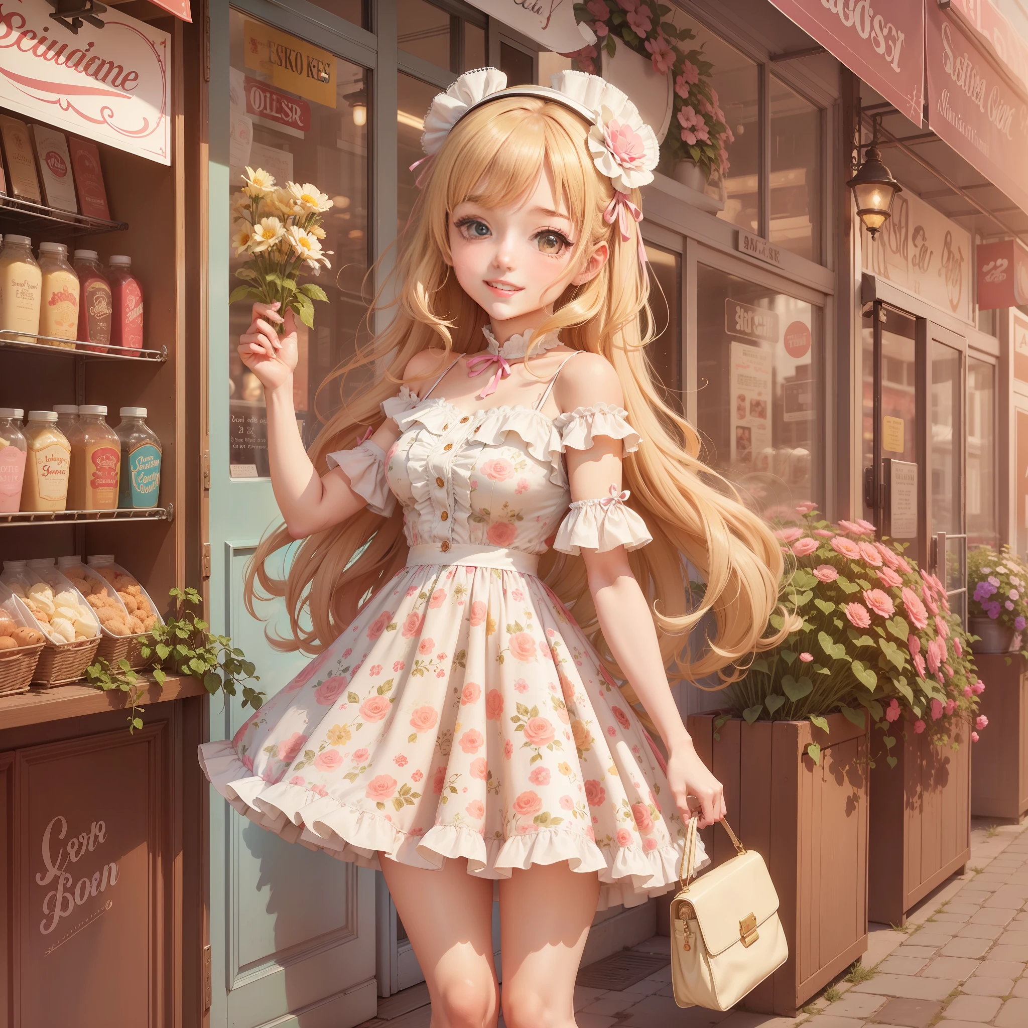 In anime, a cute girl with a retro vibe is depicted. She has a bright and cheerful style, infused with nostalgic elements. Her short, wavy, light beige hair is adorned with pops of color. Sometimes, she wears a small ribbon or flower headband. Her round face and plump cheeks accentuate her large, expressive eyes that sparkle in bright blue or green, often with winks and smiles.Her clothing reflects a retro style with vintage details like ruffles, lace, and floral patterns. Dressy dresses and skirts are paired with boleros or cardigans. Her footwear includes whimsical designs pretty pumps.Backgrounds portray pastel clouds or retro cityscapes. She can be found in ice cream parlors, record stores, retro game centers, or places filled with nostalgic charm.She is often depicted happily laughing and indulging in sweets. In the anime, she pursues adventures, friendships, and dreams, inspiring viewers with energy and hope.
