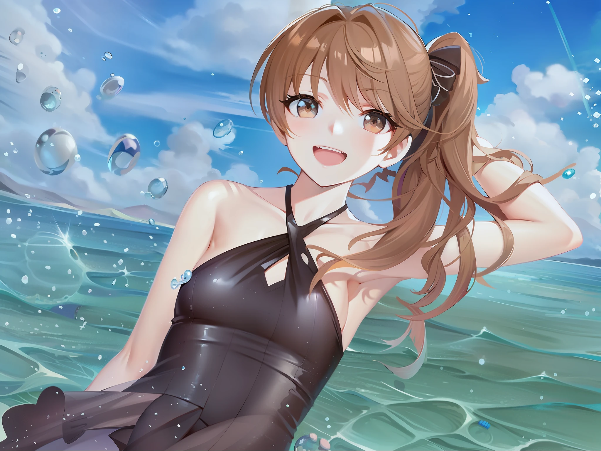 anime girl in a black swimsuit in the ocean, marin kitagawa fanart, anime visual of a cute girl, smooth anime cg art, at the sea, trending on artstation pixiv, swimsuit, splash art anime loli, makoto shinkai and artgerm, kantai collection style, rin, in the sea, (anime girl)