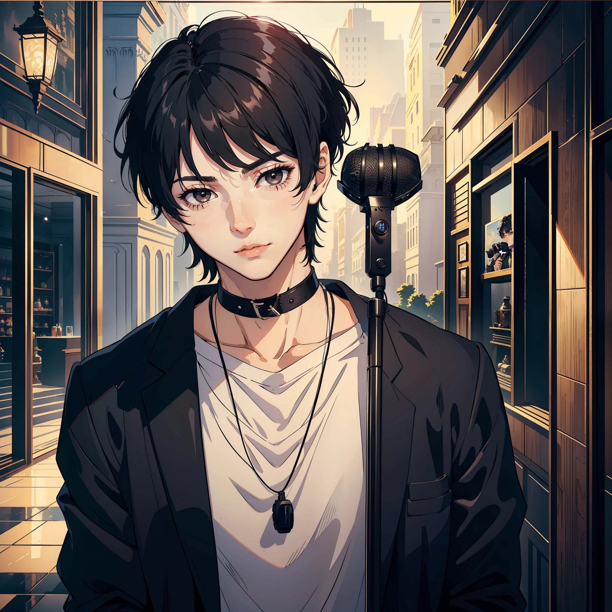 Boy, black hair, black eyes, microphone in hand, luxurious house, exquisite facial features, clear details