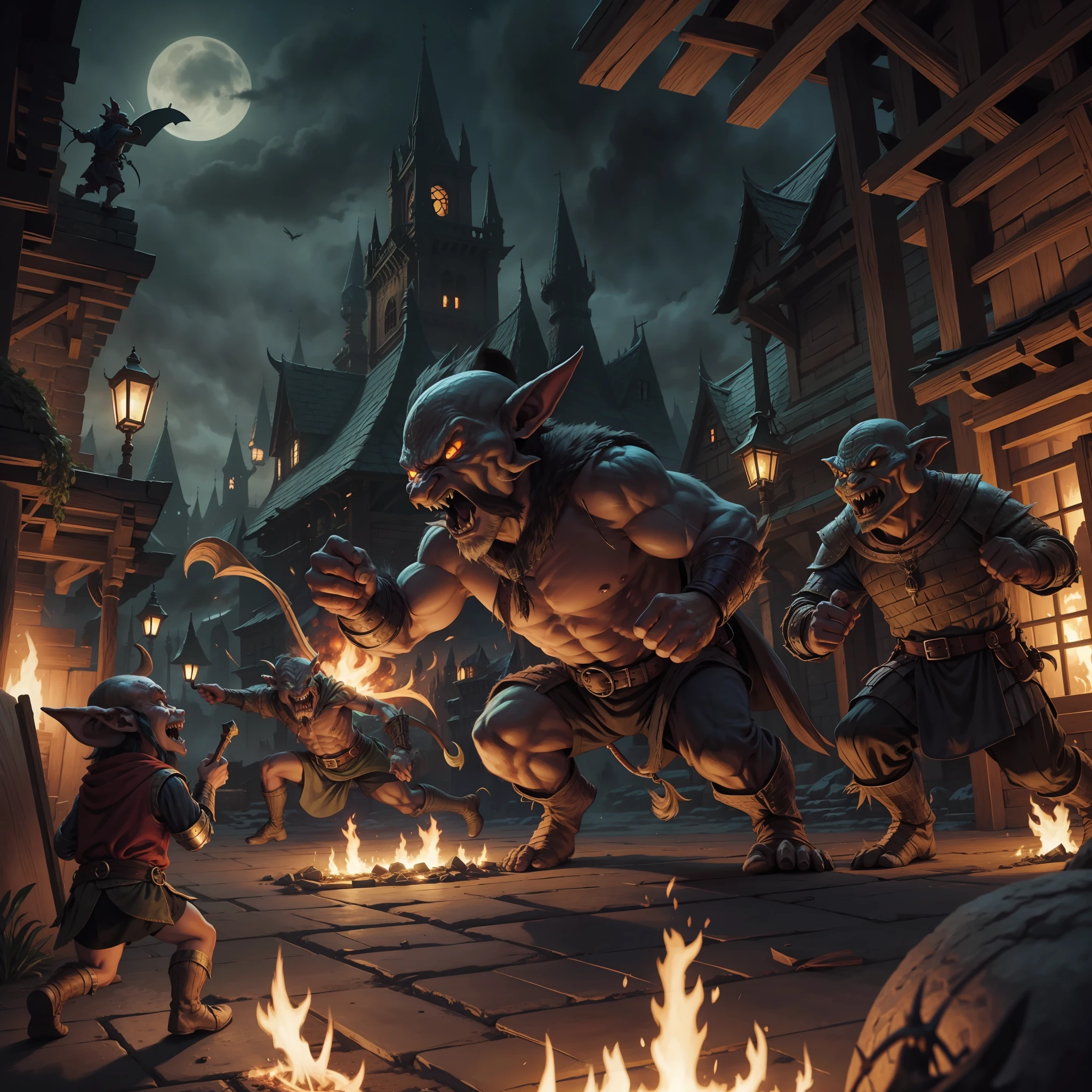 ferocious goblins attacking a medieval night city