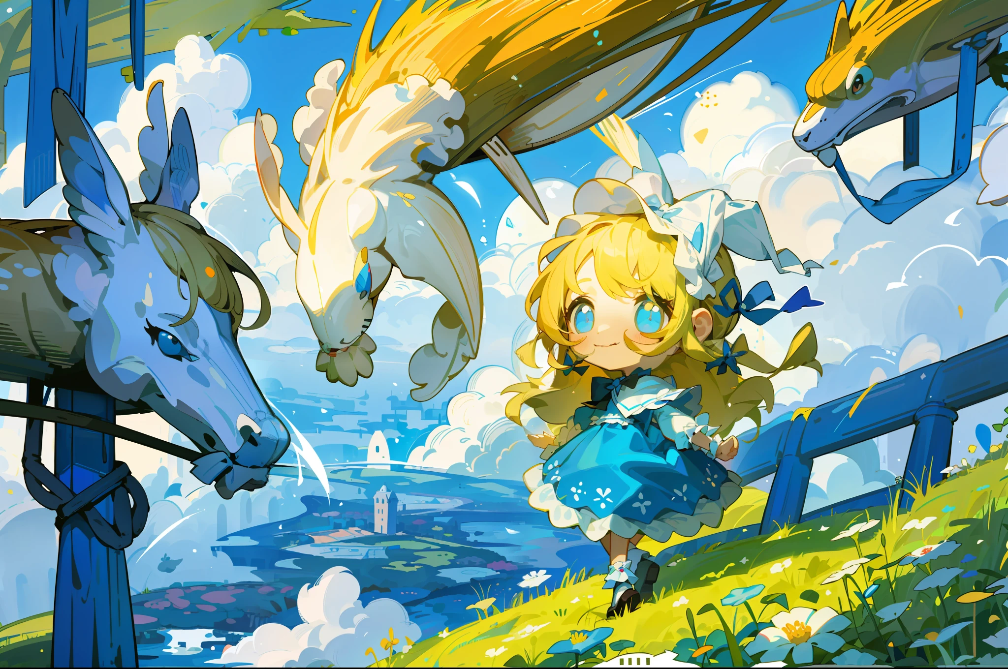 1 Girl, (Chibi: 1.4), (Masterpiece)), Top Quality, High Quality, Every Detail, Alice in Wonderland, Blonde, Long Hair, Blue and White Dress, Ruffles, Big Ribbon, Dreamland