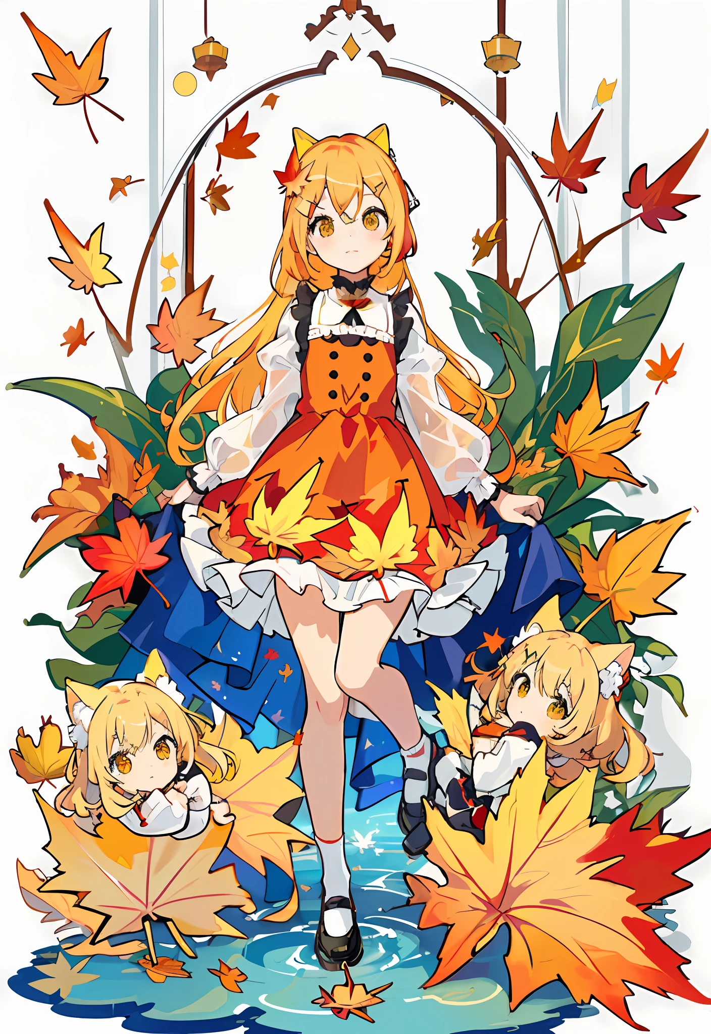 Masterpiece, best quality, amazing, complex and refined details, very detailed cute illustrations, very detailed cute wallpapers, high resolution illustrations, white background, full body, monochorme,
Solo, (children: 1.3), (cute: 1.0), beautiful cute eyes, extremely cute face, long blonde hair, yellow eyes, (beautiful details eyes: 1.2), flat chest, (aki_shizuha: 1.3), sitting, white_frilled_blouse, upper_body, cat ears, (wet clothes: 1.3),
(cute red dress: 1.4), blonde hair, maple_leaves, socks, shoes, cute movements, cute expressions, (arms behind back: 1.1), (maple_ leaf_hairpin:1.4),