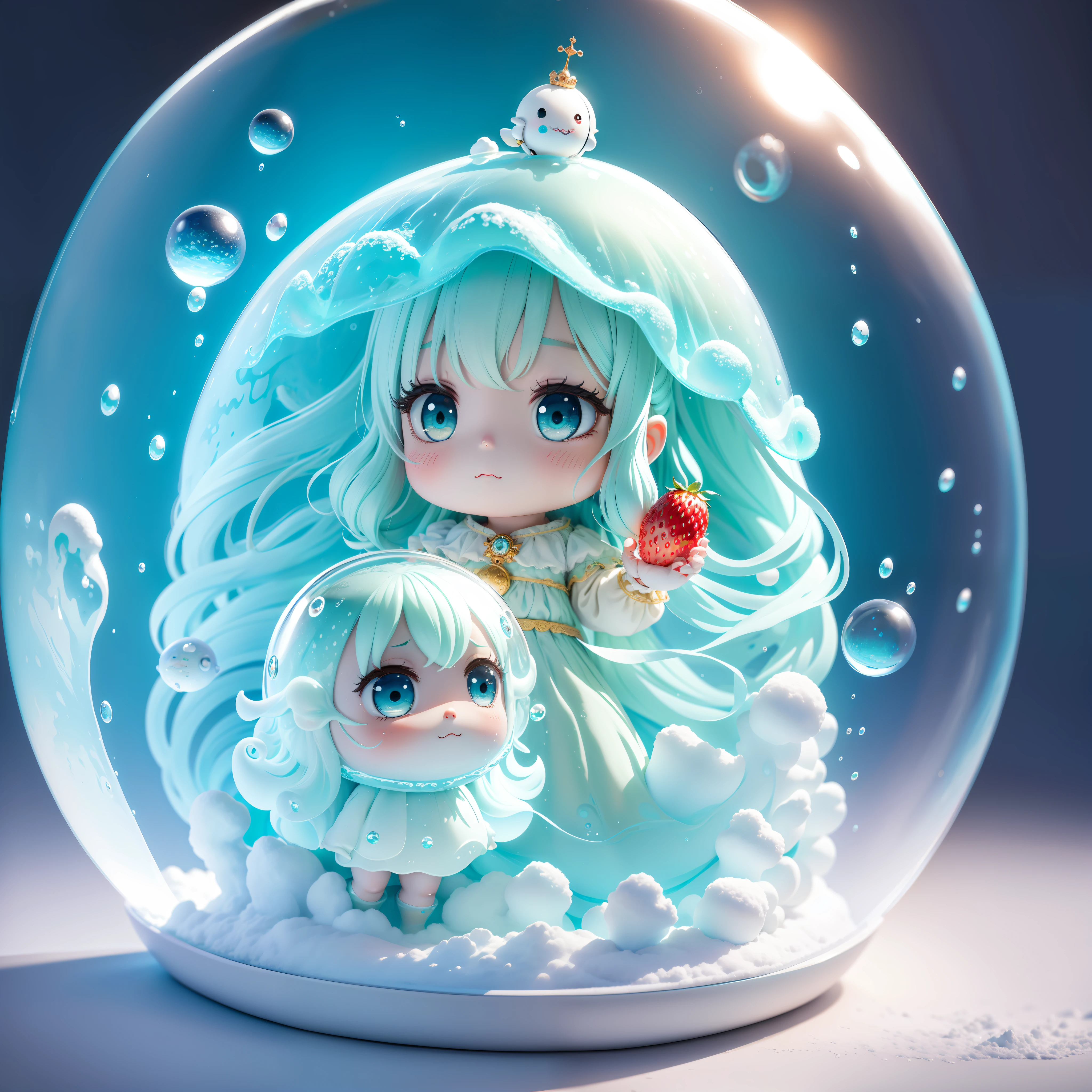 ((Best Quality)), ((Masterpiece)), ((Real)), water_spirit, melting_heart, Big Badejo alien_monster,,Full Body, Chibi, Snow Globe, Strawberry, Bubbles, Masterpiece