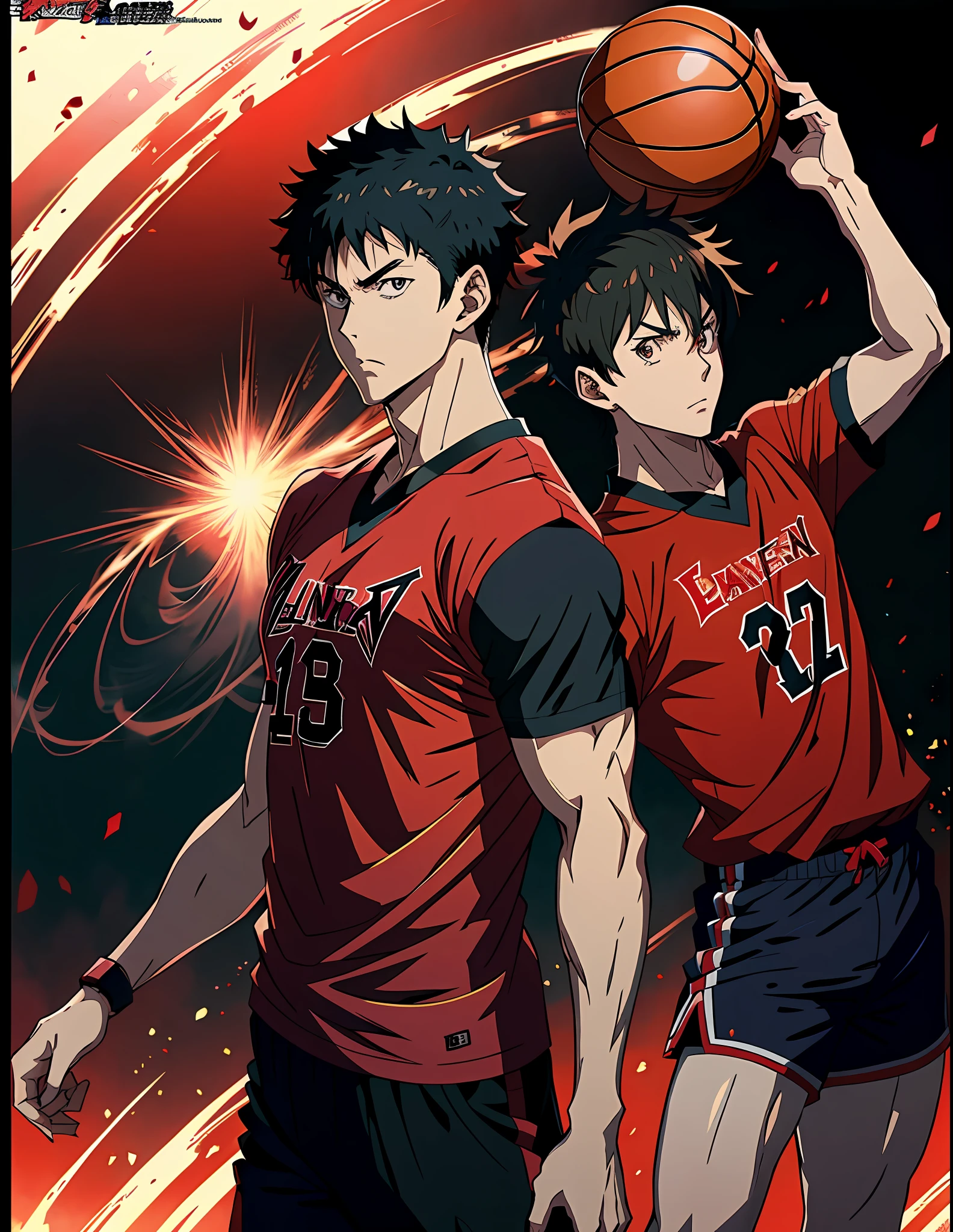 anime character in a red shirt and black shorts holding a basketball ball, badass anime 8 k, scence of slam dunk, anime style 4 k, kentaro miura art style, 4 k manga wallpaper, high quality anime artstyle, 4k anime wallpaper, official anime still, makoto kano, handsome anime pose, epic 8 k hd anime shot, slam dunk