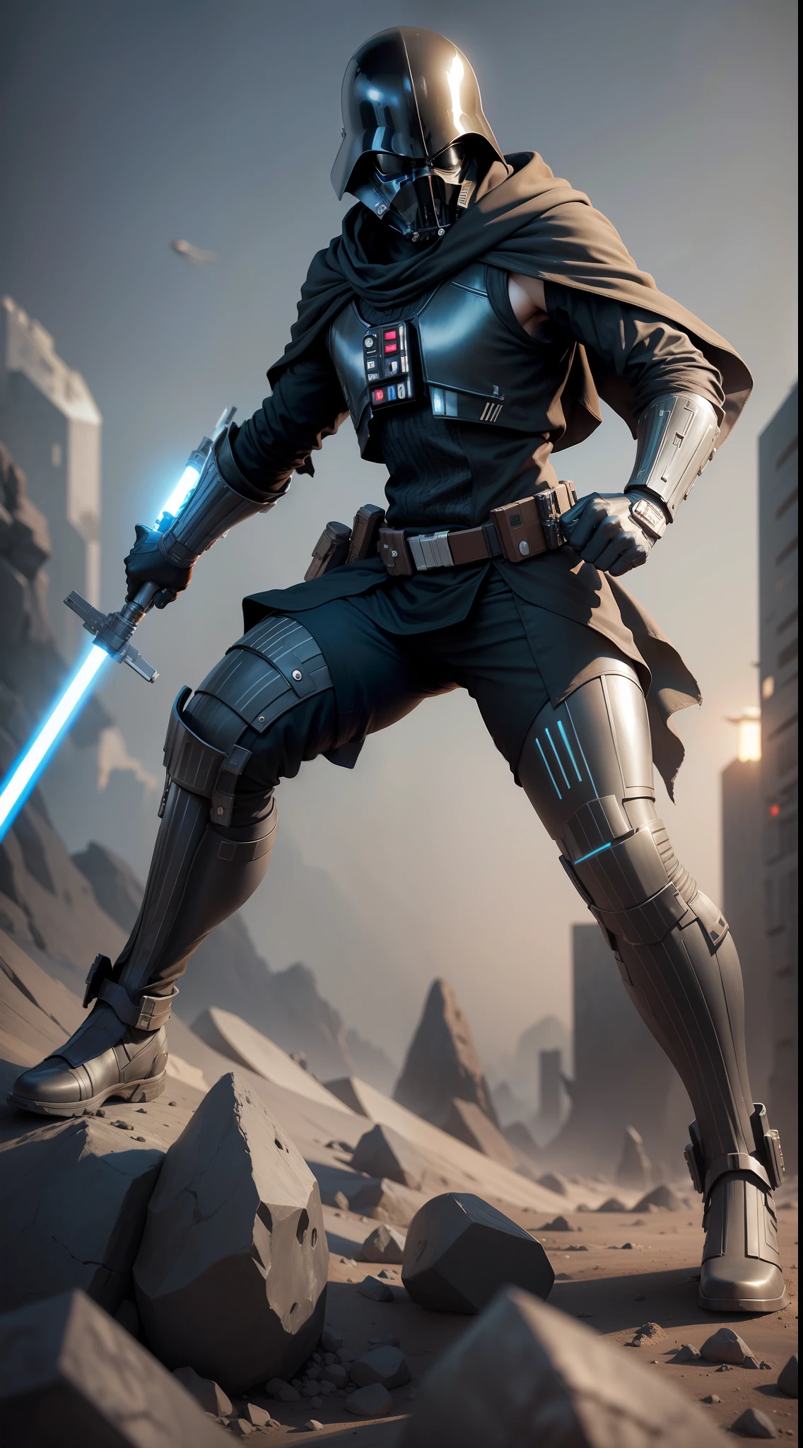 Star wars, Jedi Knight, Black cloak, lightsaber, Alien giant Sebei punk honest background, Dark style, Technical symmetry, fully body, Dynamic pose, Movie, best qua4lity, Dynamic perspective, dynamic angle, golden ratio, Wide-angle photography, Wide field of view, Deep depth of field, zoom out, jiezuo, High Detailed, best qua4lity, highresolution, 3D, film grain, raised fist, UHD, Anatomically correct, high quality, award winning