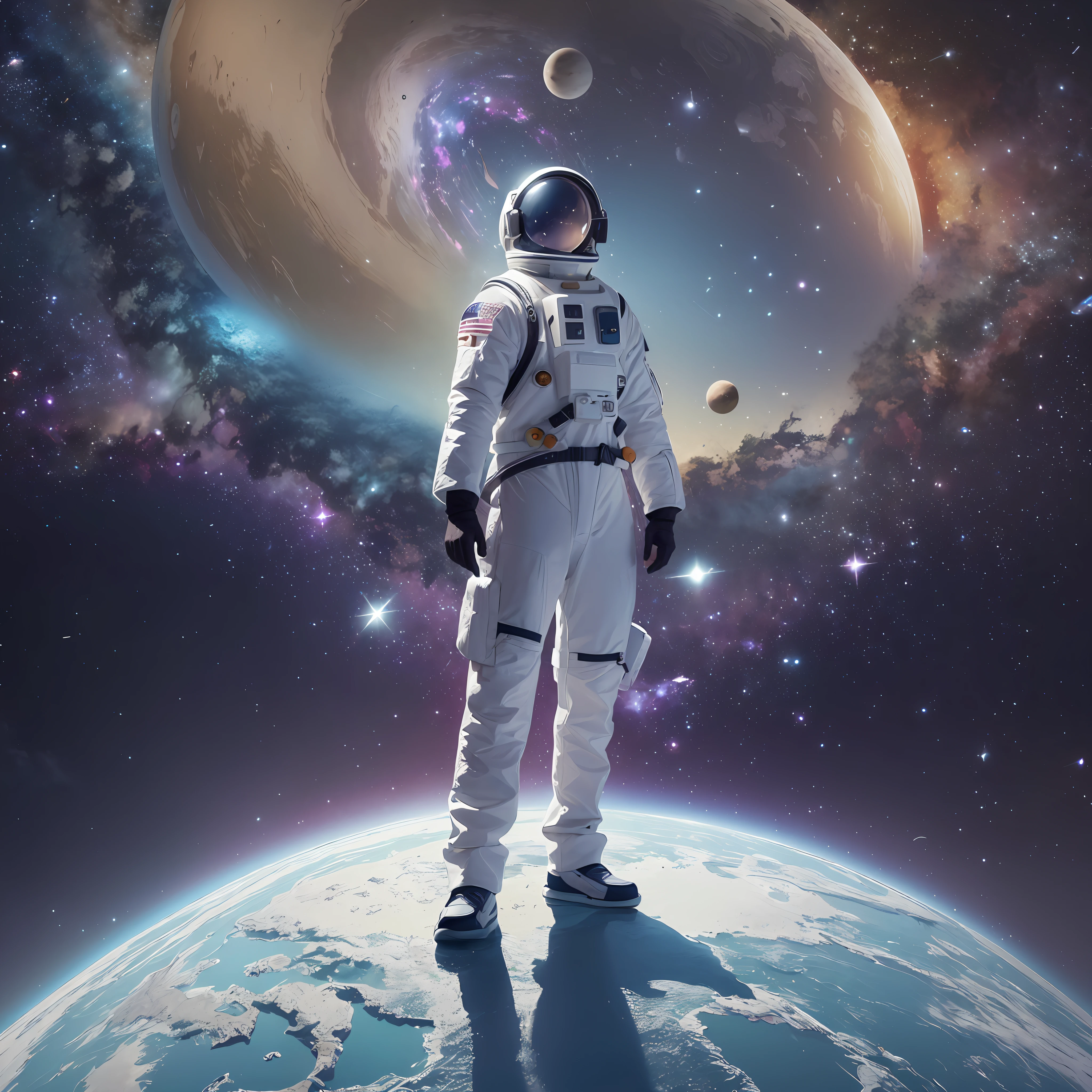 there is a man that is standing on a boat in the space, floating beside planets, floating planets, floating in the universe, floating across the cosmic ocean, dreamy illustration, of space travel, floating in outer space, floating planets and moons, another universe, floating in deep space, floating in space, floating on space, in the universe, floats in space