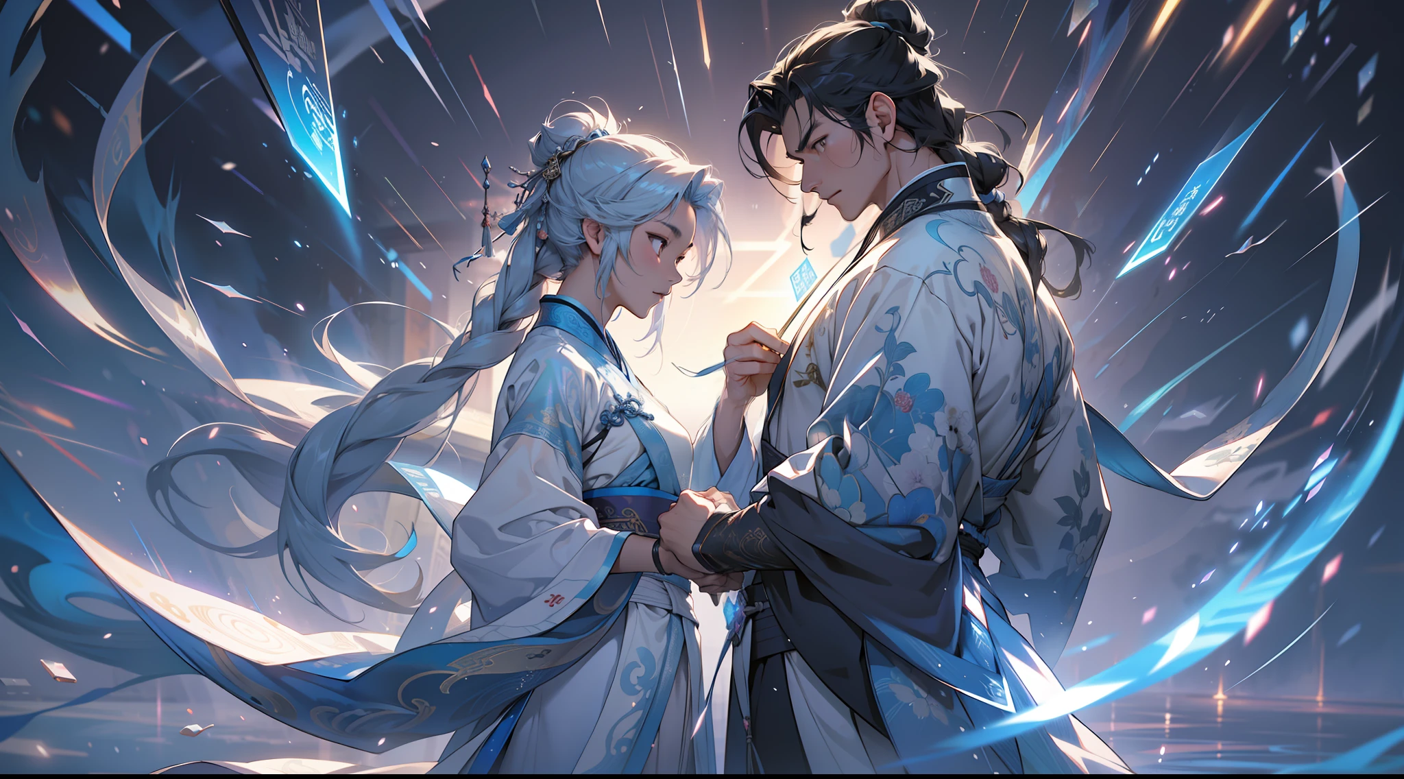 A handsome Chinese boy and girl, full body, looking at each other, gentle eyes, clear facial features, wearing Hanfu, body surrounded by white mist, runes around, holographic reality, holographic halo, motion blur, game light effects, edge light, soft light, movie edge light, delicate light