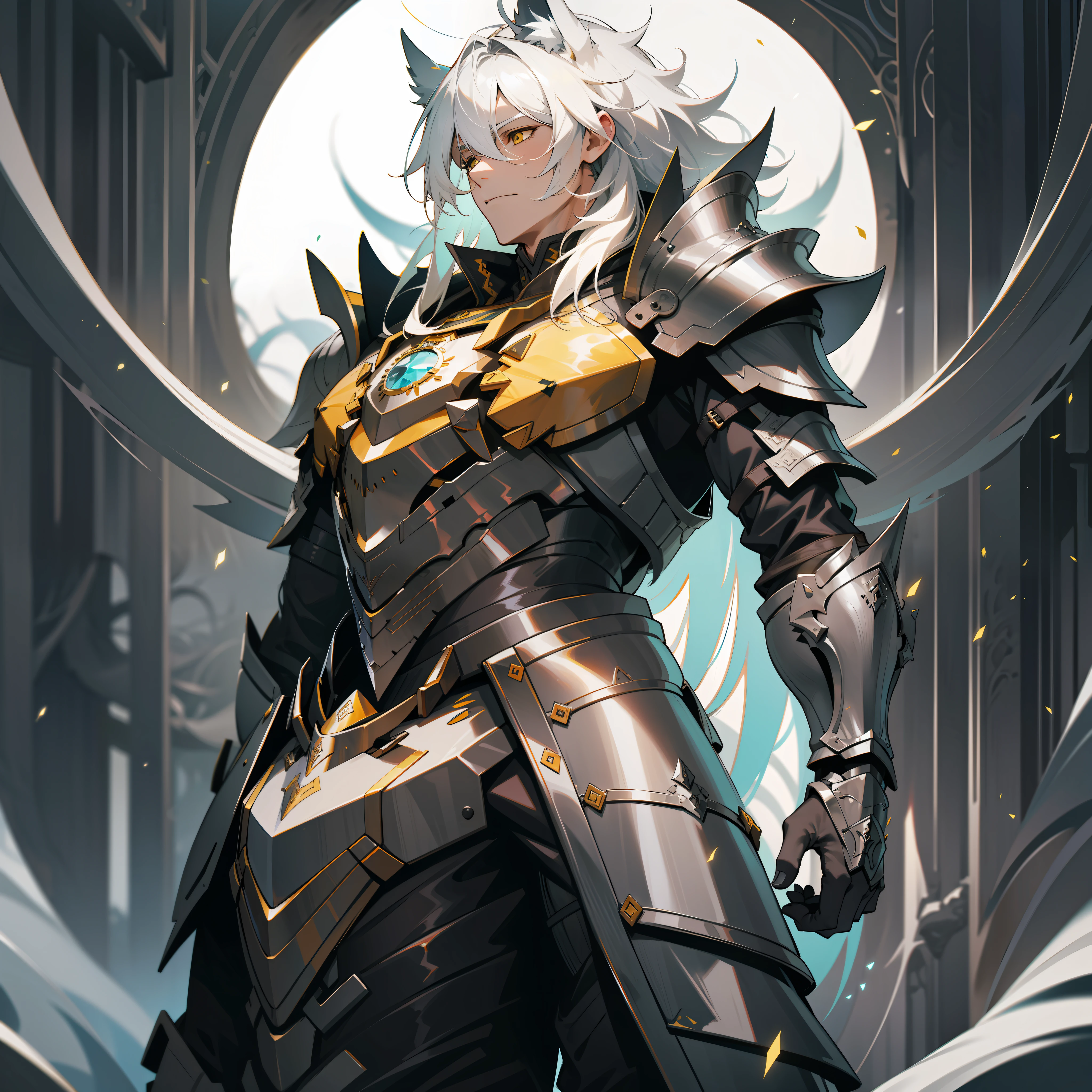 a man, druid, wildly white hair, dark fantasy, detailed black and yellow armor, with a giant white wolf behind him