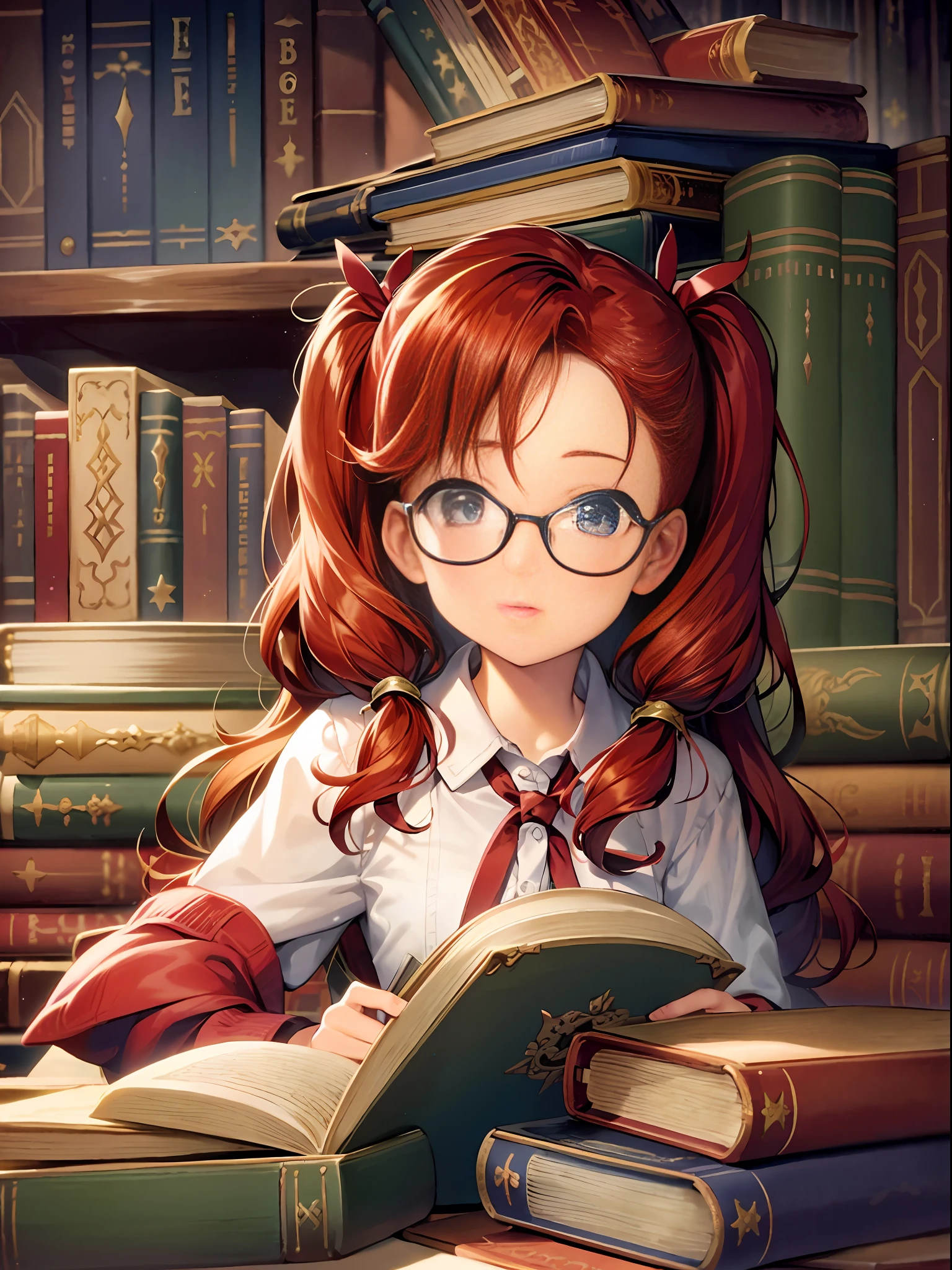 picture book world, fairyland, redhead, curled hair, freckles, good old america, vintage, one girl, sitting, library, bookshelf, reading, glasses, masterpiece, best quality, stacked books, retro, twin tails, zoom out