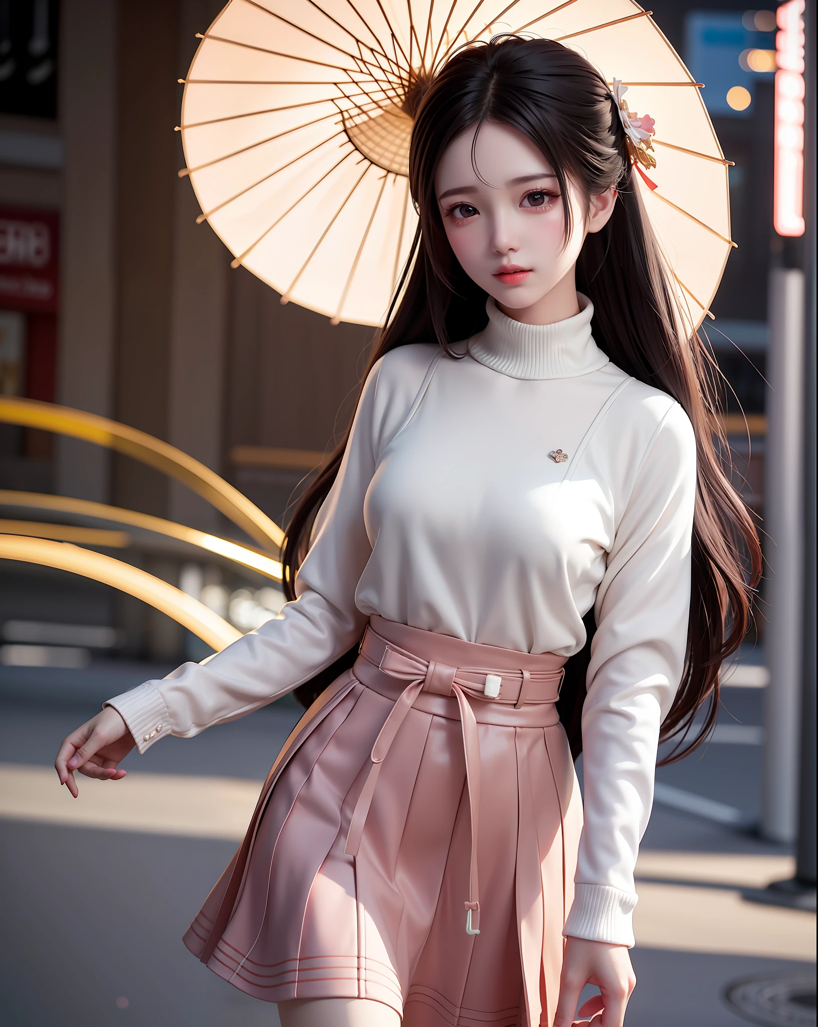 Spark the imagination with an artistic depiction of a Korean girl wearing her school uniform: her alabaster skin glows as she walks gracefully through the streets of a bustling city. Her long, wavy black hair floats in the wind as she holds a red umbrella, shielding herself from the fine rain. The traditional uniform consists of a white turtleneck blouse and a plaid pleated skirt in pastel tones, which blends harmoniously with her vintage bag. The glow of the surrounding neon signs creates a mesmerizing setting, full of life and energy