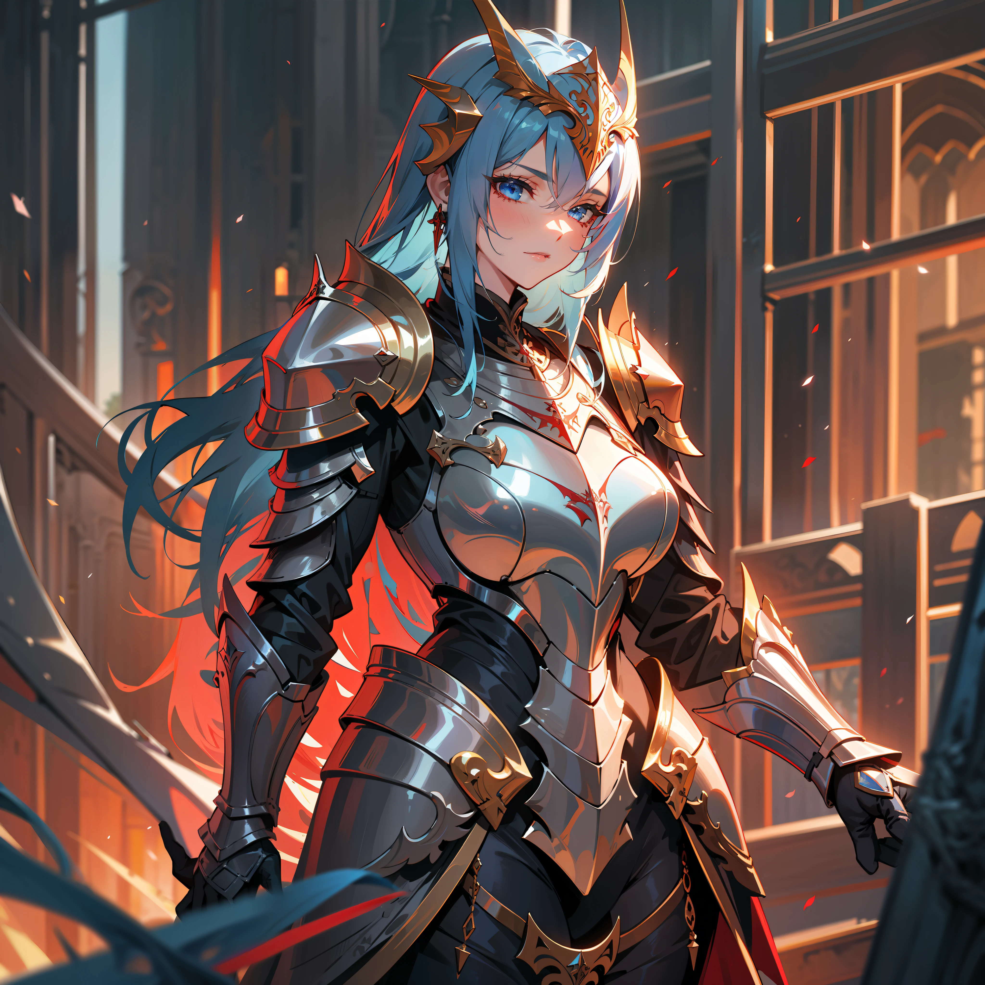 a woman, paladin, wildly blue hair, dark fantasy, detailed red armor, detailed red helmet, detailed red large sword