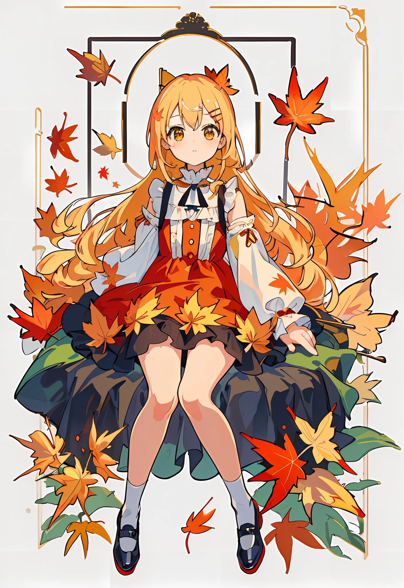 Masterpiece, best quality, amazing, complex and refined details, very detailed cute illustrations, very detailed cute wallpapers, high resolution illustrations, white background, full body, monochorme,
Solo, (children: 1.3), (cute: 1.0), beautiful cute eyes, extremely cute face, long blonde hair, yellow eyes, (beautiful details eyes: 1.2), flat chest, (aki_shizuha: 1.3), sitting, white_frilled_blouse, upper_body, cat ears, (wet clothes: 1.3),
(cute red dress: 1.4), blonde hair, maple_leaves, socks, shoes, cute movements, cute expressions, (arms behind back: 1.1), (maple_ leaf_hairpin:1.4),