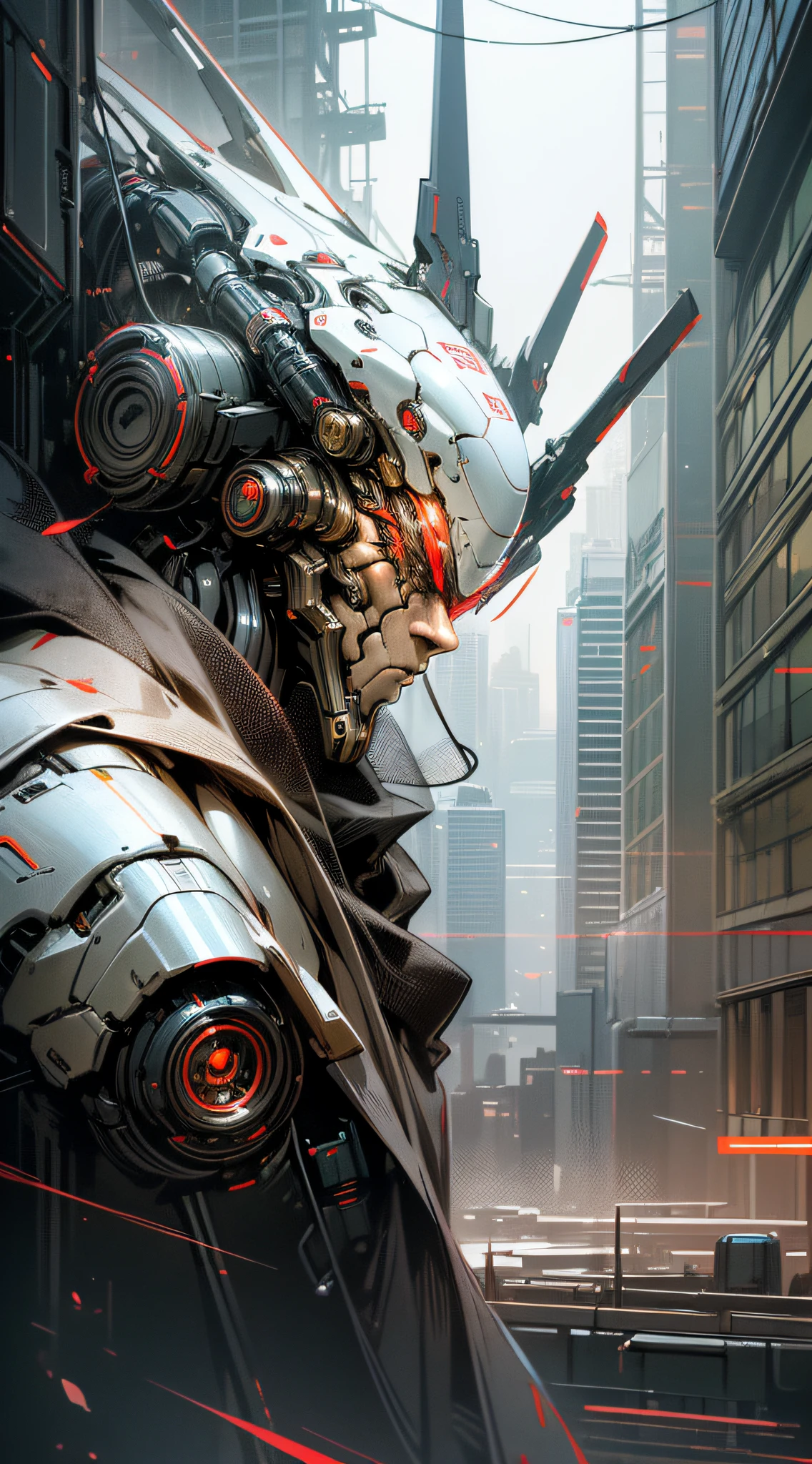 Dark_Fantasy,Cyberpunk, (Best quality, Masterpiece),(Red:1.1),white,1man,Mechanical marvel,Robotic presence,Cybernetic guardian,wearing a cybernetic jacket,city, highest quality digital art, Stunning art, wallpaper 4k, highly detailed