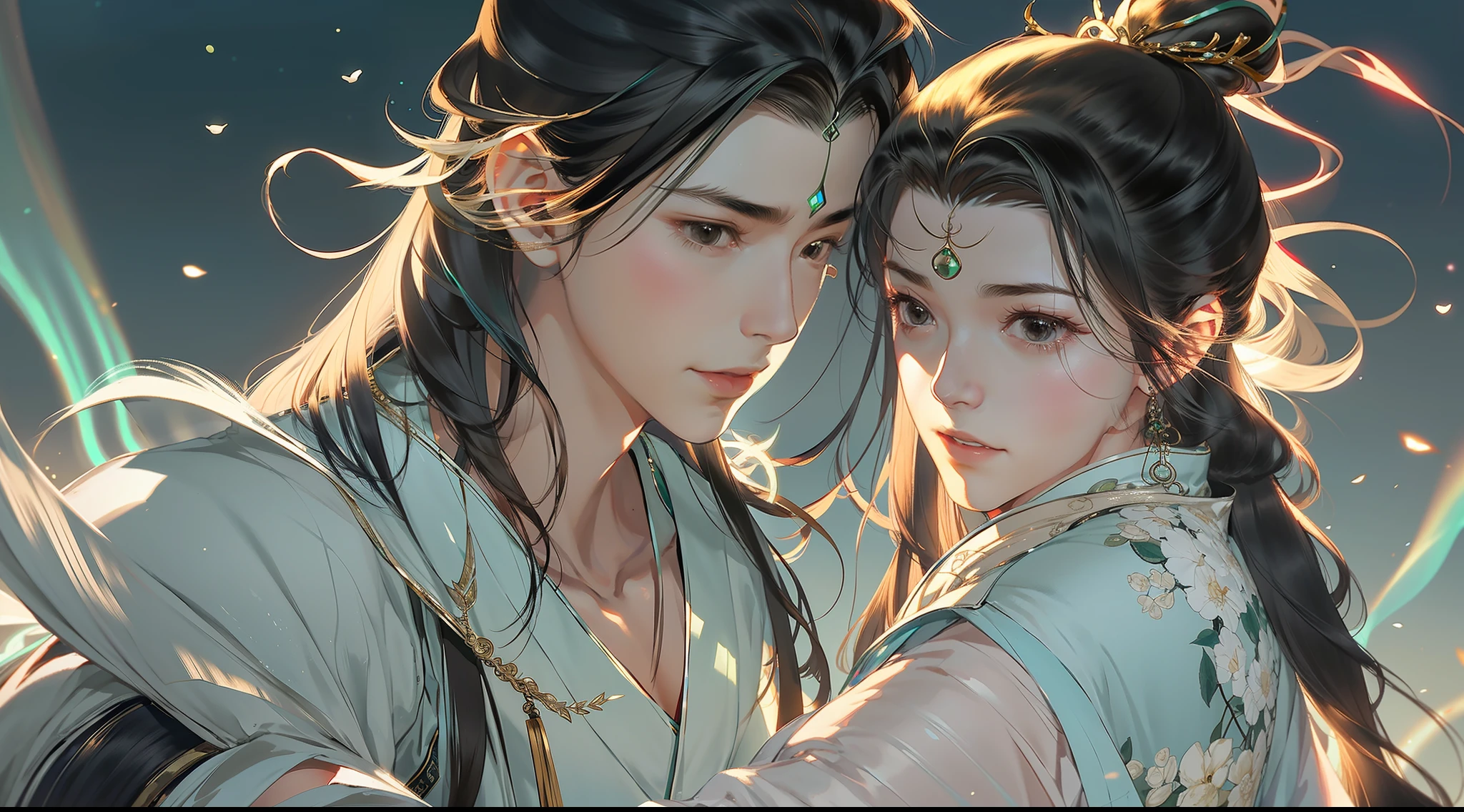 A handsome Chinese boy and girl rushed to each other, the whole body, gentle eyes, clear facial features, wearing Hanfu, body surrounded by dark green mist, runes around, holographic reality, holographic halo, motion blur, game light effects, edge light, soft light, movie edge light, delicate light