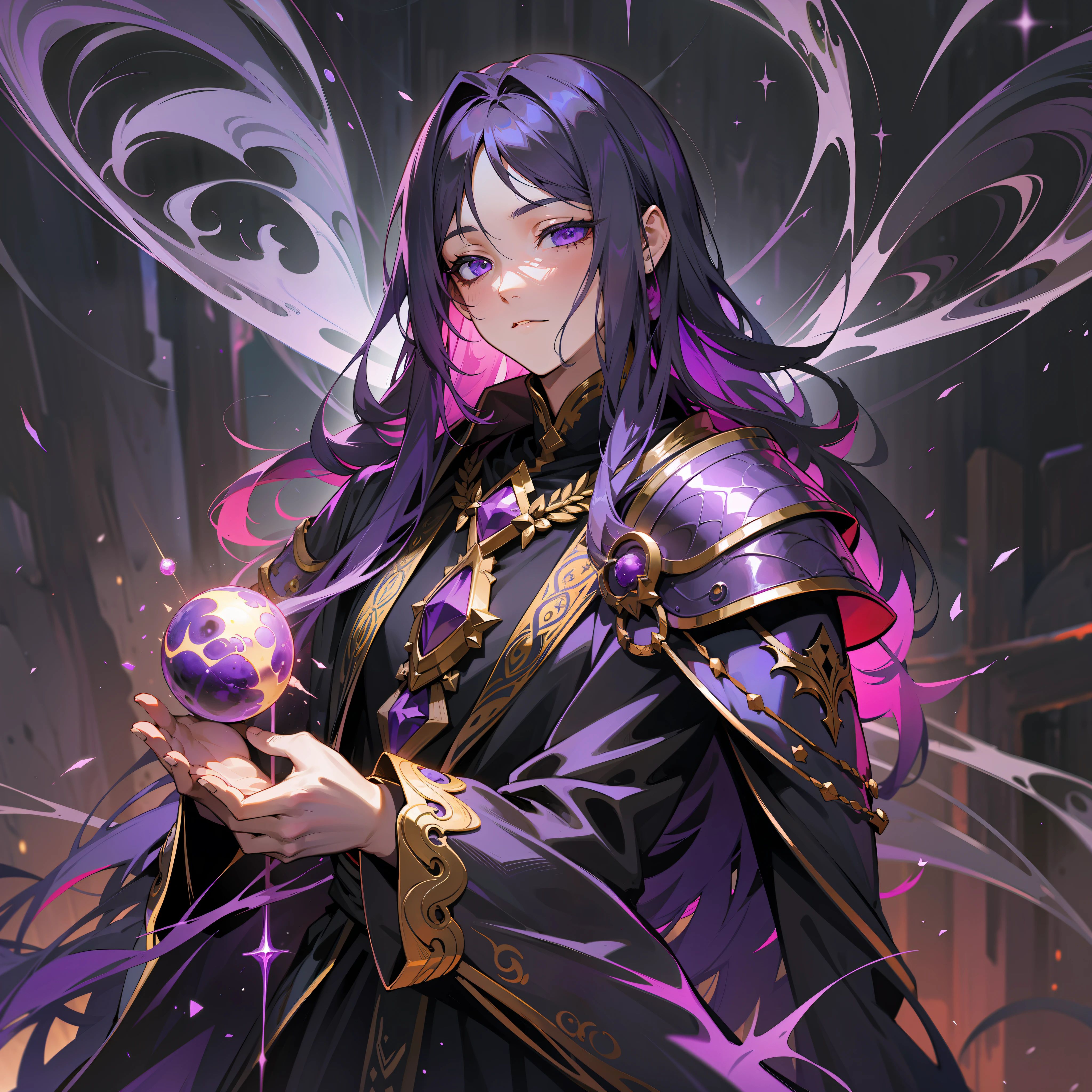 a man, mage, purple long hair, dark fantasy, detailed purple and black cosmic robe, cosmic staff