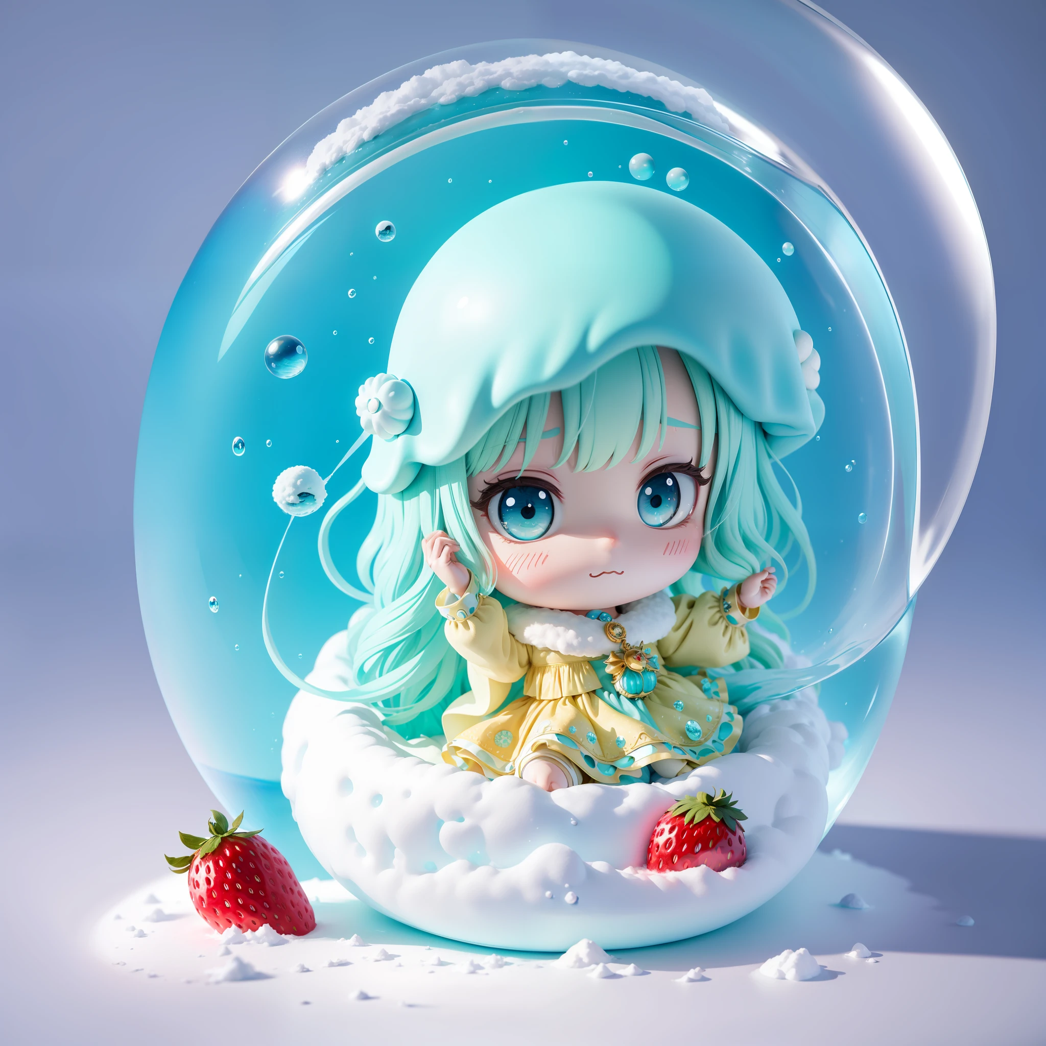 ((Best Quality)), ((Masterpiece)), ((Real)), water_spirit, melting_heart, Big Badejo alien_monster,,Full Body, Chibi, Snow Globe, Strawberry, Bubbles, Masterpiece
