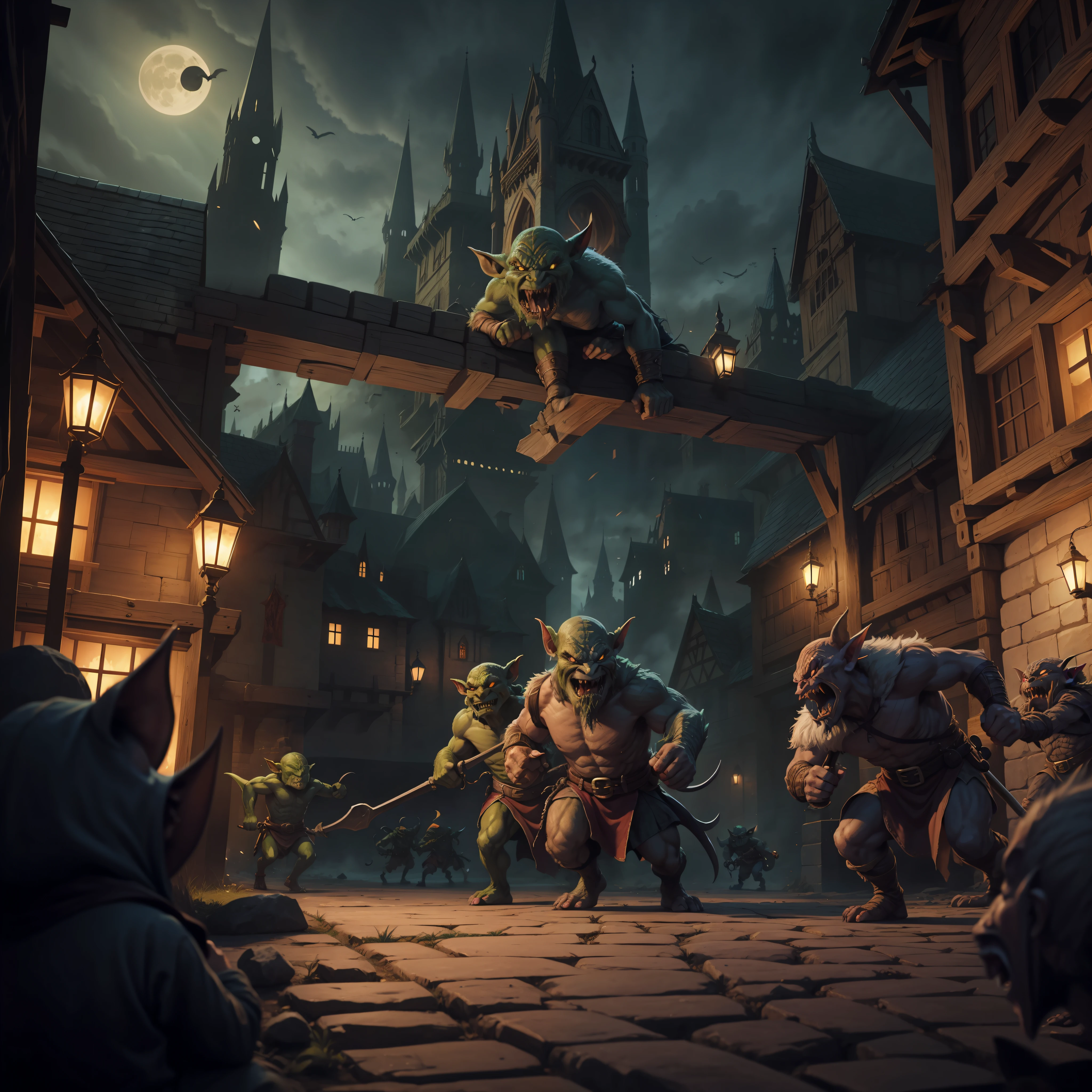 ferocious goblins attacking a medieval night city