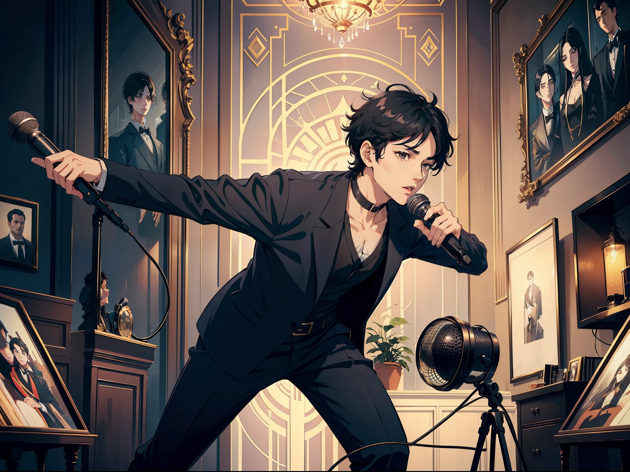 Boy, black hair, black eyes, microphone in hand, luxury house, exquisite facial features, clear details, full body photo