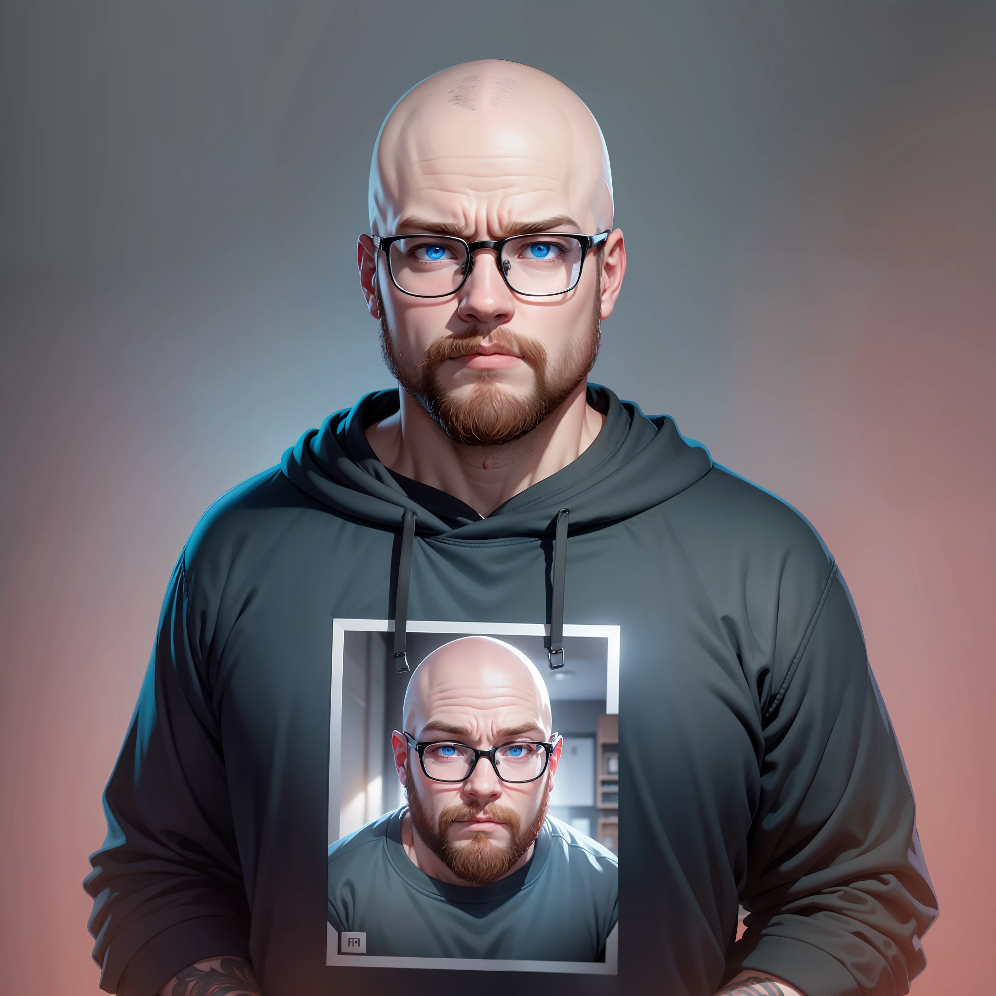White boy with blue eye, bald, red-bearded, glasses, fat square of black sweatshirt