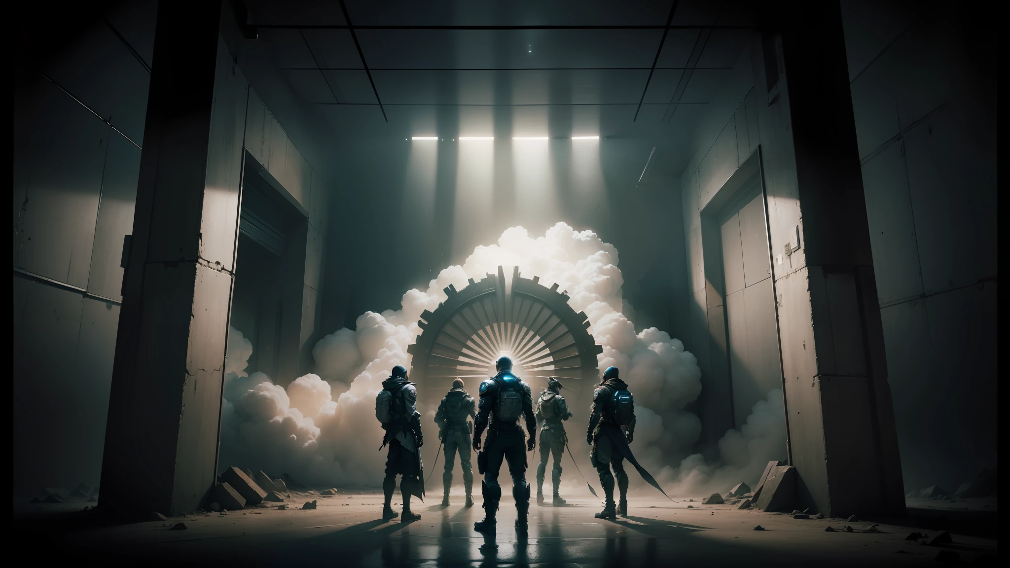arafed image of a group of people standing in a dark room, nvidia promotional image, symmetrical artwork. cinematic, cinematic shot epic portraits, 8k stunning artwork, 4k concept art and hyper realism, rb6s, rb 6 s, cinematic lighting photography, buck studios artwork, cgsociety 9, epic video game art, detailed cinematic photography, official artwork hdr --auto --s2