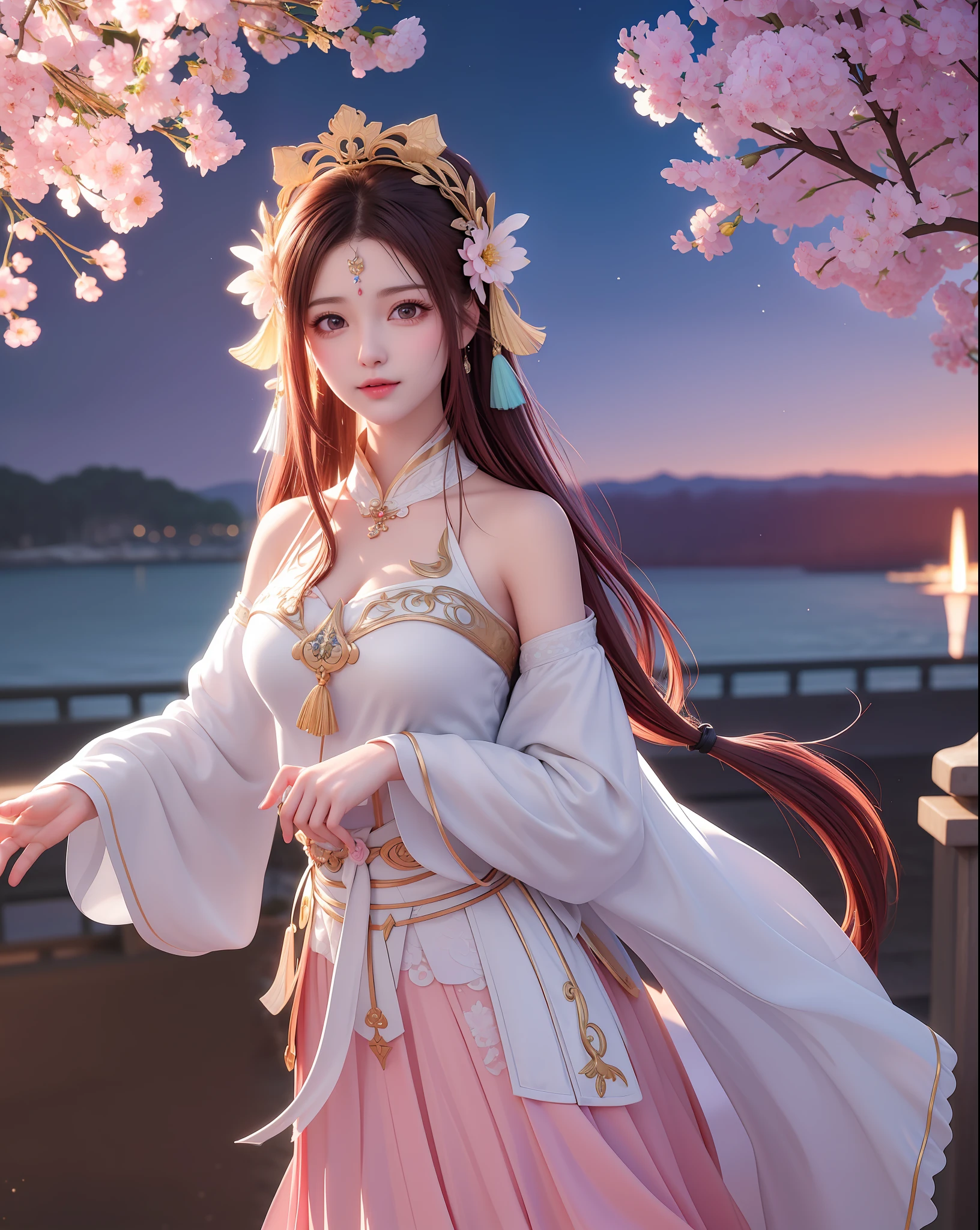 (8k, RAW photo:1.2), best quality, ultra high res, dramatic angle, (fluttered detailed color splashs), (illustration), (((1 girl))), (long hair), (rain:0.9), (headdress: 1.4), 30-year-old woman with an ancient palace next to her, pink armor, ( emphasis), skirt, leather, sexy, color ink painting, (splash color), splash color, ((colorful)), (sketch: 0.8), Masterpiece, best quality, beautiful painted, highly detailed, (denoising:0.6), [splash ink], ((ink refraction)), (beautiful detailed sky), moon, highly, detailed, (masterpiece, best quality, extremely detailed) CG unity 8k wallpaper, masterpiece, best quality, super detailed), (garlic), flower petals flying in the background, blindfolded