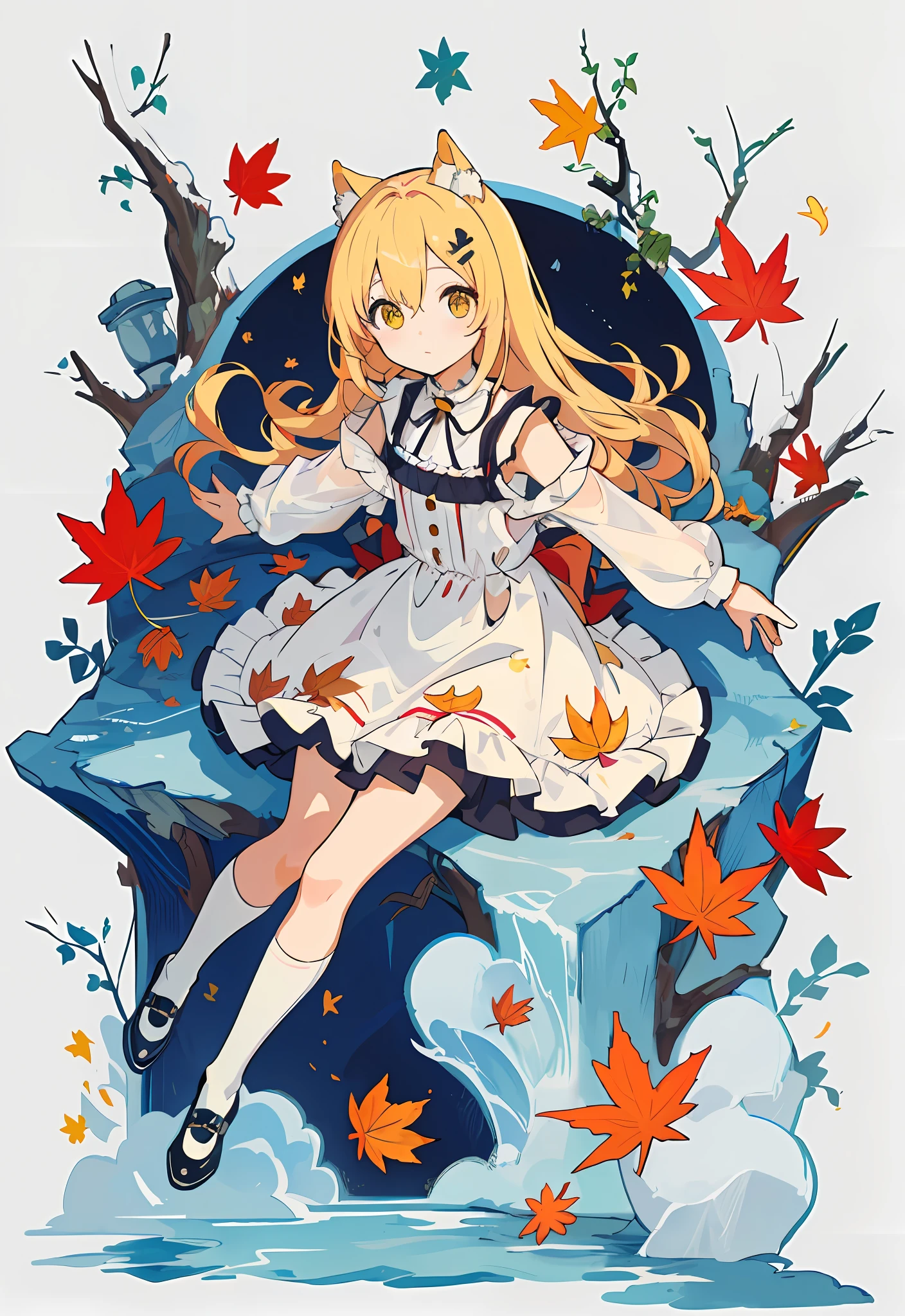 Masterpiece, best quality, amazing, complex and refined details, very detailed cute illustrations, very detailed cute wallpapers, high resolution illustrations, white background, full body, monochorme,
Solo, (children: 1.3), (cute: 1.0), beautiful cute eyes, extremely cute face, long blonde hair, yellow eyes, (beautiful details eyes: 1.2), flat chest, (aki_shizuha: 1.3), sitting, white_frilled_blouse, upper_body, cat ears, (wet clothes: 1.3),
(cute red dress: 1.4), blonde hair, maple_leaves, over-the-knee socks, shoes, cute movements, cute expressions, (arms behind back: 1.1), (maple_ leaf_hairpin: 1.4),
