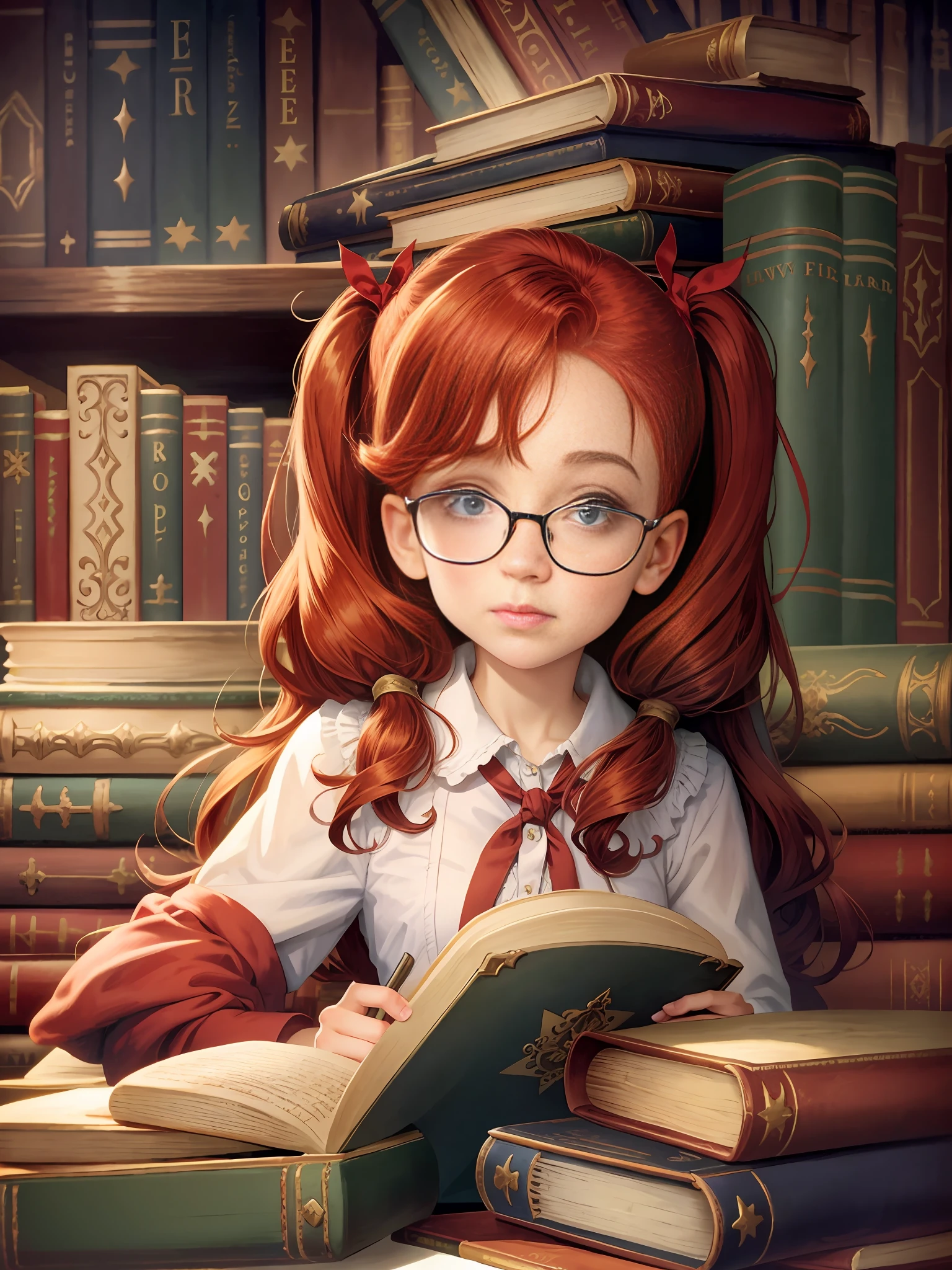 picture book world, fairyland, redhead, curled hair, freckles, good old america, vintage, one girl, sitting, library, bookshelf, reading, glasses, masterpiece, best quality, stacked books, retro, twin tails, zoom out