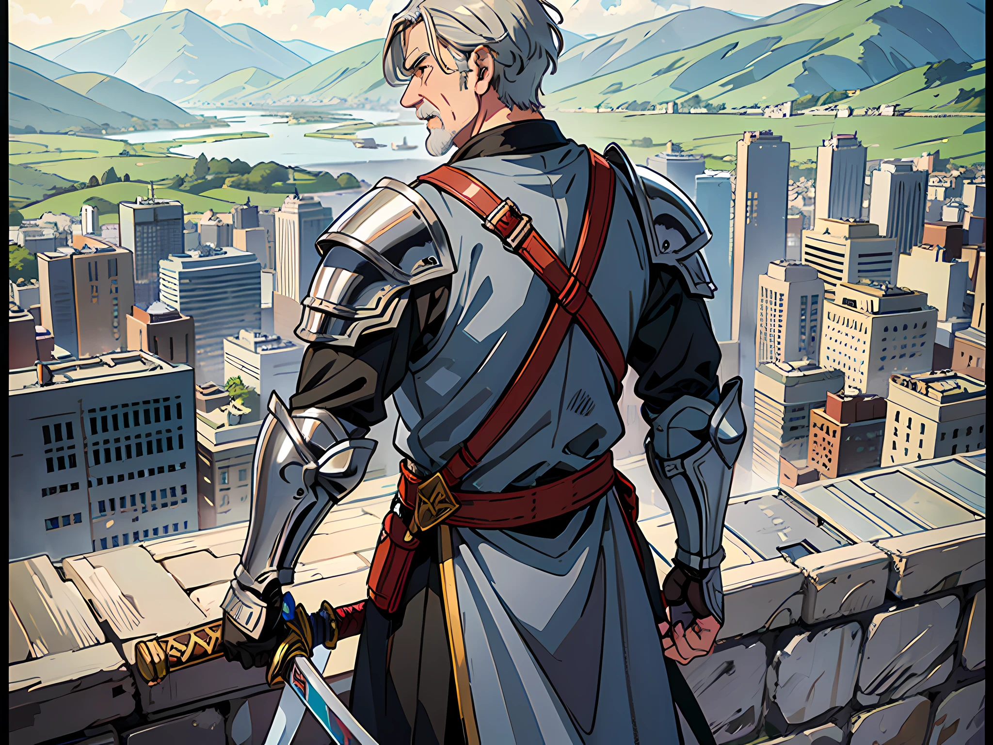 1 Old man, man, gray-haired, wrinkled, dressed in armor and holding a long sword, standing on the city wall, below the cheering crowd