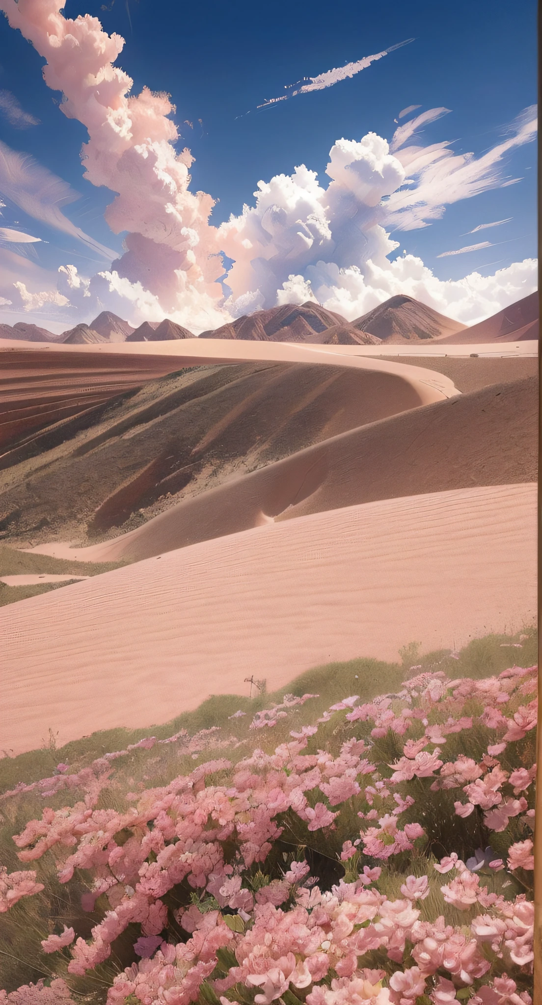 Summer, desert, pink clouds, a land overgrown with roses, James Gurney, Art Station Rendering, Ultra Wide Lens, High Definition, June