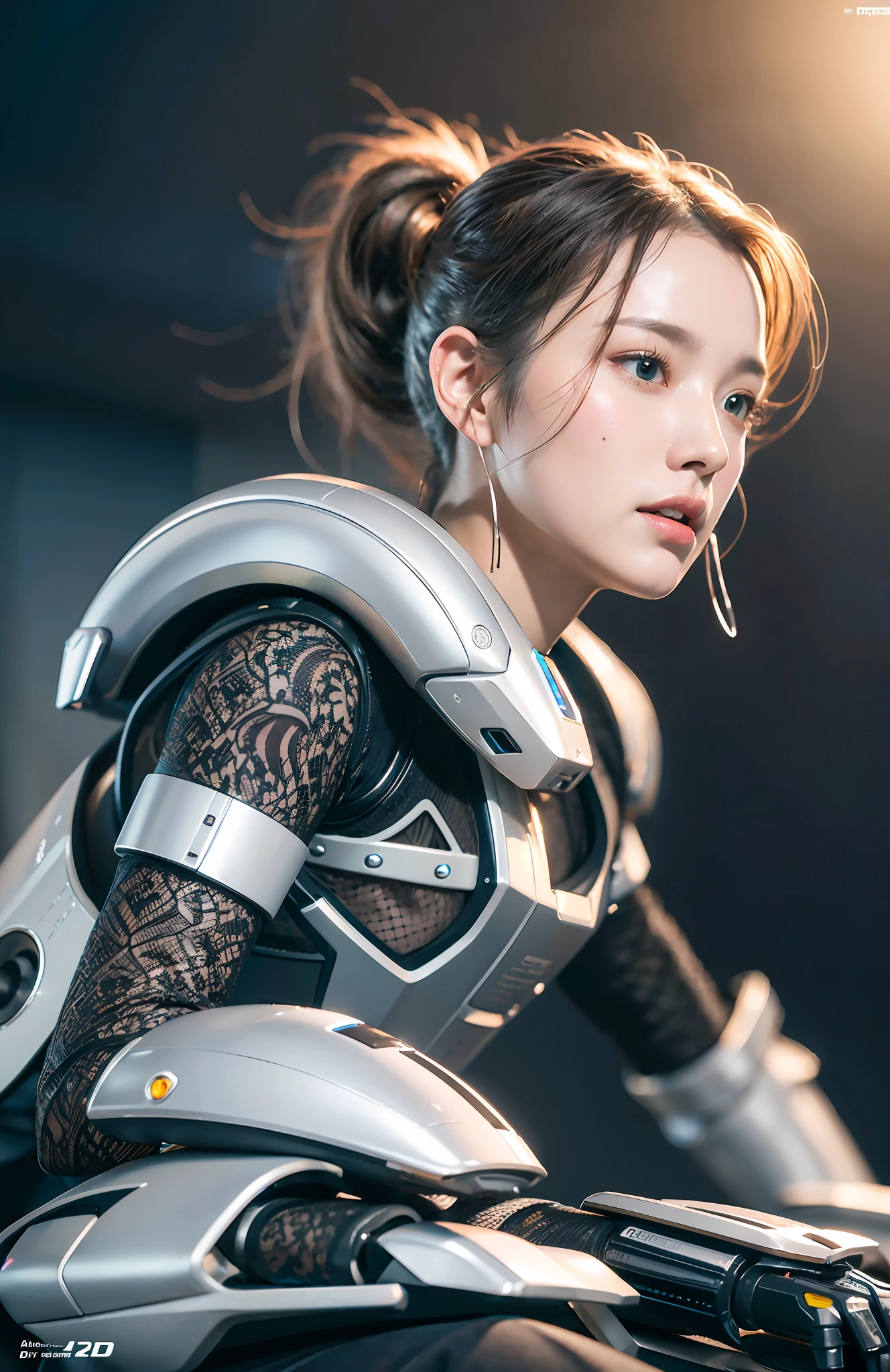 Complex 3d render ultra-detailed beautiful porcelain profile female android face, cyborg, robot part, 150 mm, beautiful studio soft light, rim light, vivid details, gorgeous cyberpunk, lace, surreal, anatomical, face muscle, cable wire, microchip, elegant, beautiful background, octane rendering, HR Giger style, 8k, top quality, masterpiece, illustration, very delicate and beautiful, highly detailed, CG, uniform, wallpaper, ( realistic, Photorealistic: 1.37), Amazing, Elaborate, Masterpiece, Top quality, Official art, Highly detailed CG unity 8k wallpaper, Absurd, Incredibly absurd, Robot, Silver Halmet, Full body, Sitting