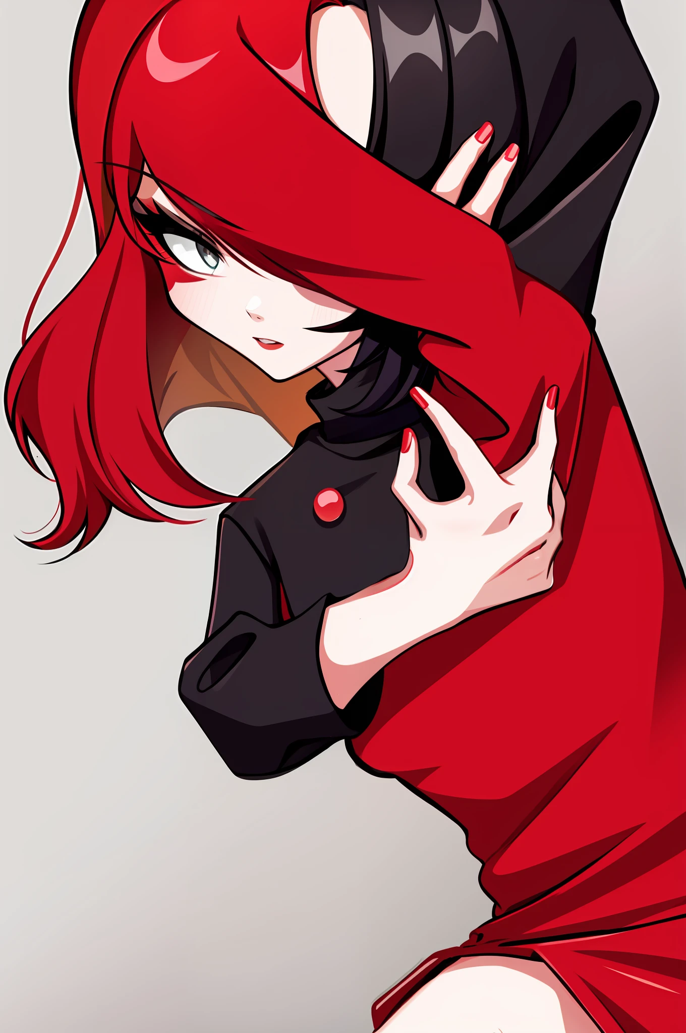 , red hair, black hair, multicolored hair, short hair,