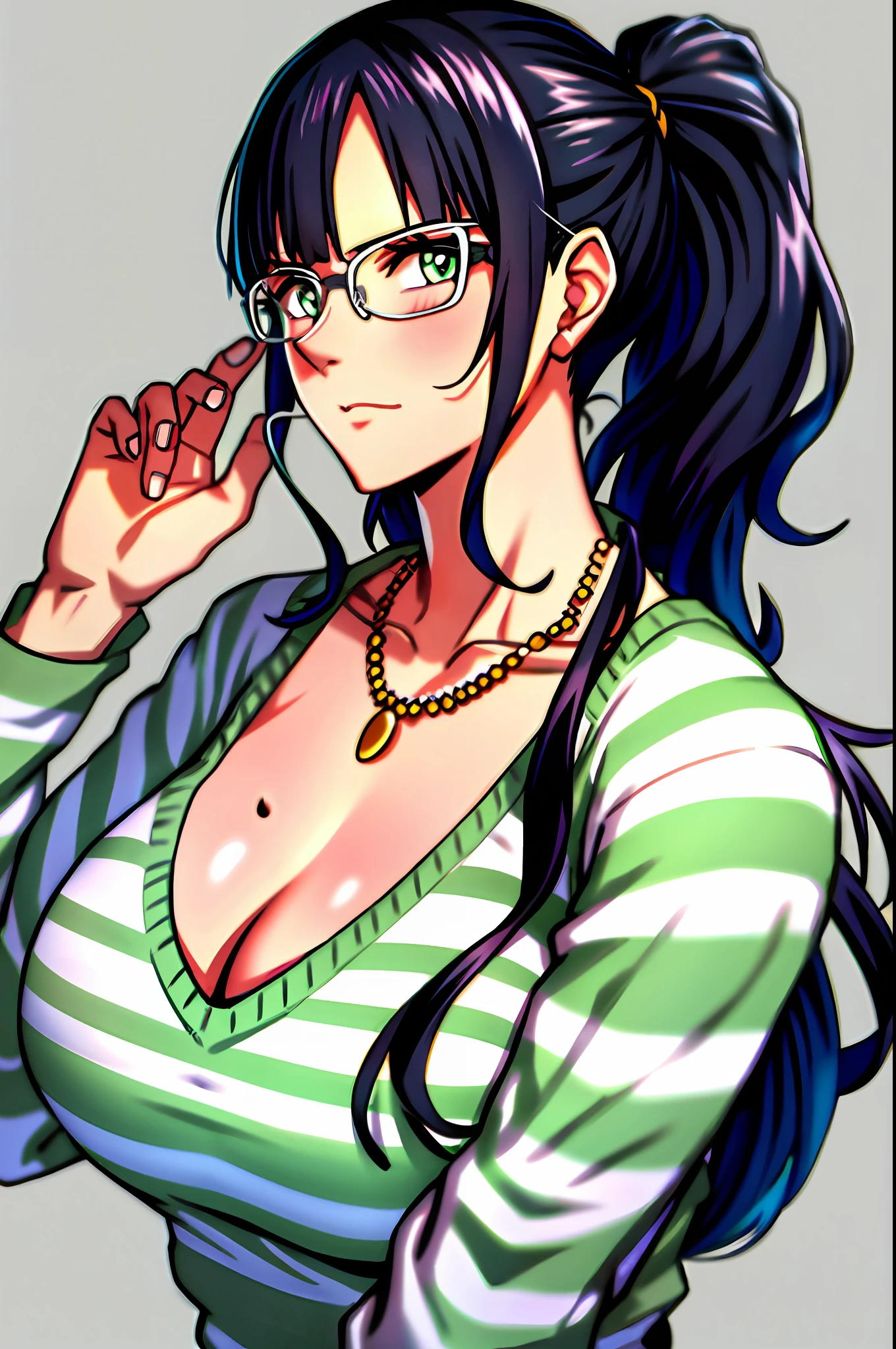 nico robin, one piece, one piece: strong world, 1girl, adjusting eyewear, bangs, black hair, breasts, closed mouth, collarbone, glasses, high ponytail, jewelry, large breasts, light blush, long hair, long sleeves, looking at viewer, necklace, ponytail, shirt, sidelocks, solo, green and white stripes, striped shirt, upper body, v-neck, ((masterpiece))
