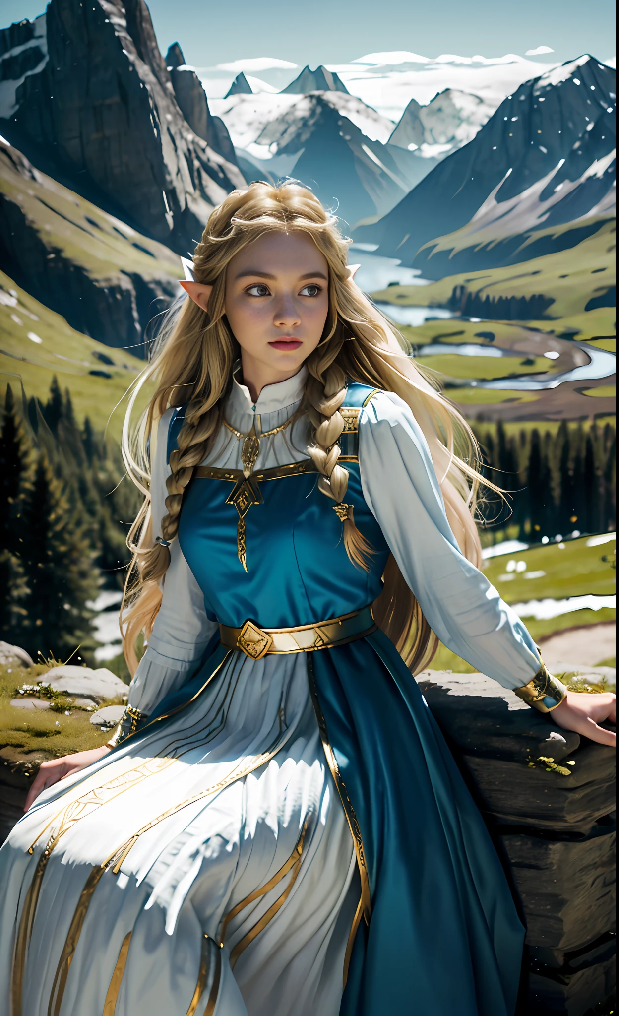 Blonde, elf, blue dress, white skirt, European and American, forest, Disney, white long skirt with gold trim, golden decoration, girl, princess, legend of zelda, rock, eyes, flowing hair, delicate hair, Nordic style, wind blowing, coiled hair, small braid, (distant mountains), Alps, meadows, sit down and hold elves