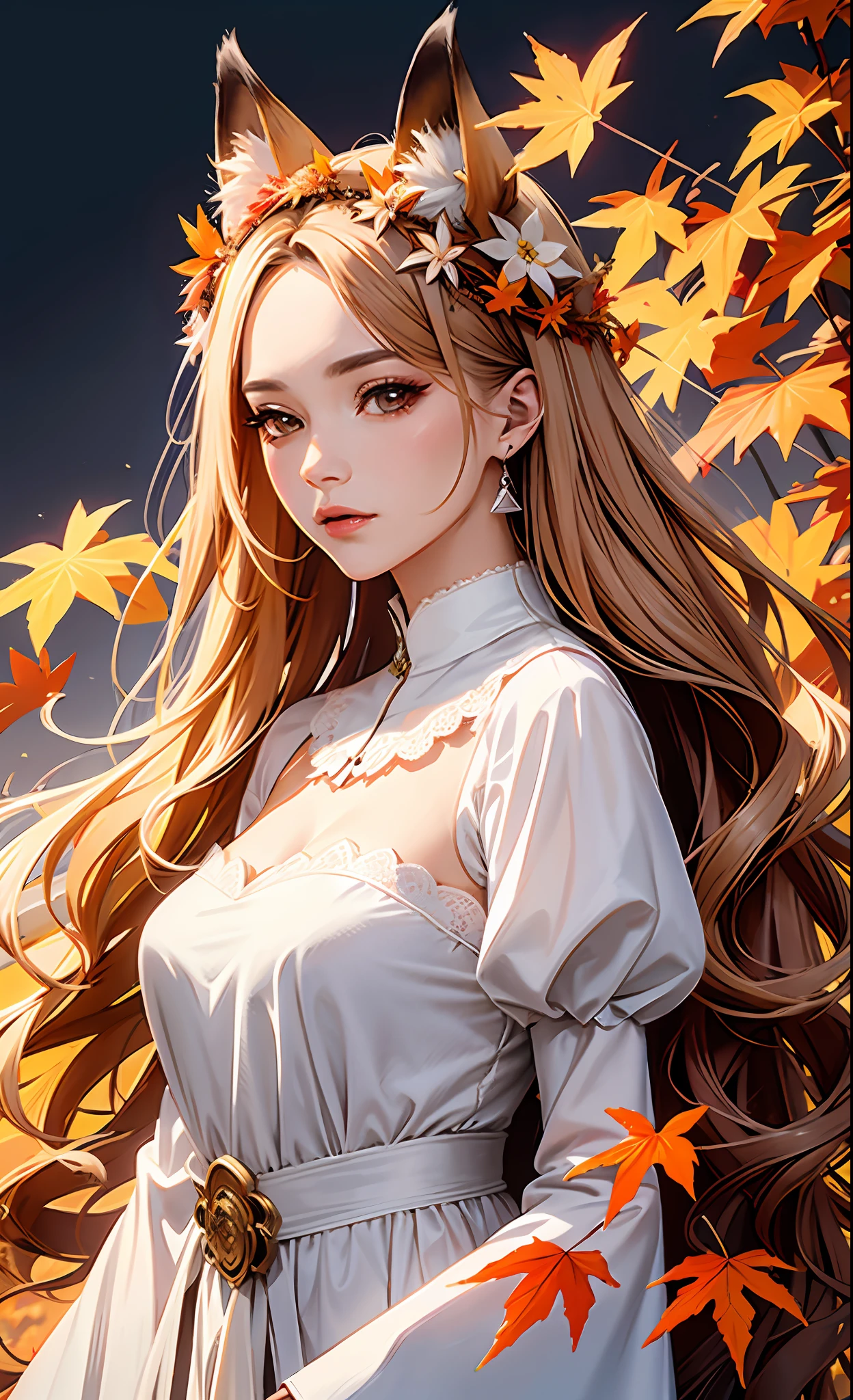 absurdity, high resolution, (official art, beautiful and aesthetic: 1.2), close view, fox bride, autumn leaves in full bloom, beautiful burning mountains, realistic foxes