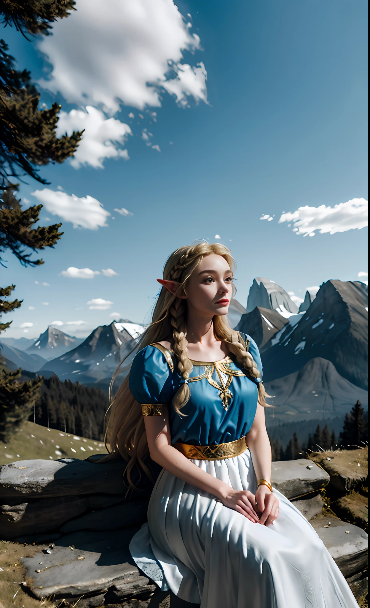 Blonde, elf, blue dress, white skirt, European and American, forest, Disney, white long skirt with gold trim, golden decoration, girl, princess, legend of zelda, rock, eyes, flowing hair, delicate hair, Nordic style, wind blowing, coiled hair, small braid, (distant mountains), Alps, meadows, sit down and hold elves