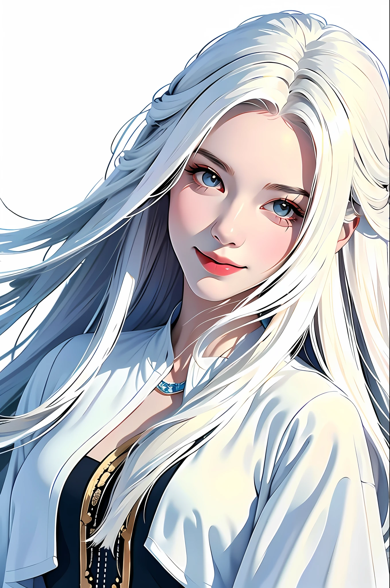 masterpiece, best quality, ((pure white background)), standing, long white hair, cold face, fair skin, black dress, happy smile, light effect, soft, super clear, high-definition image, (front)