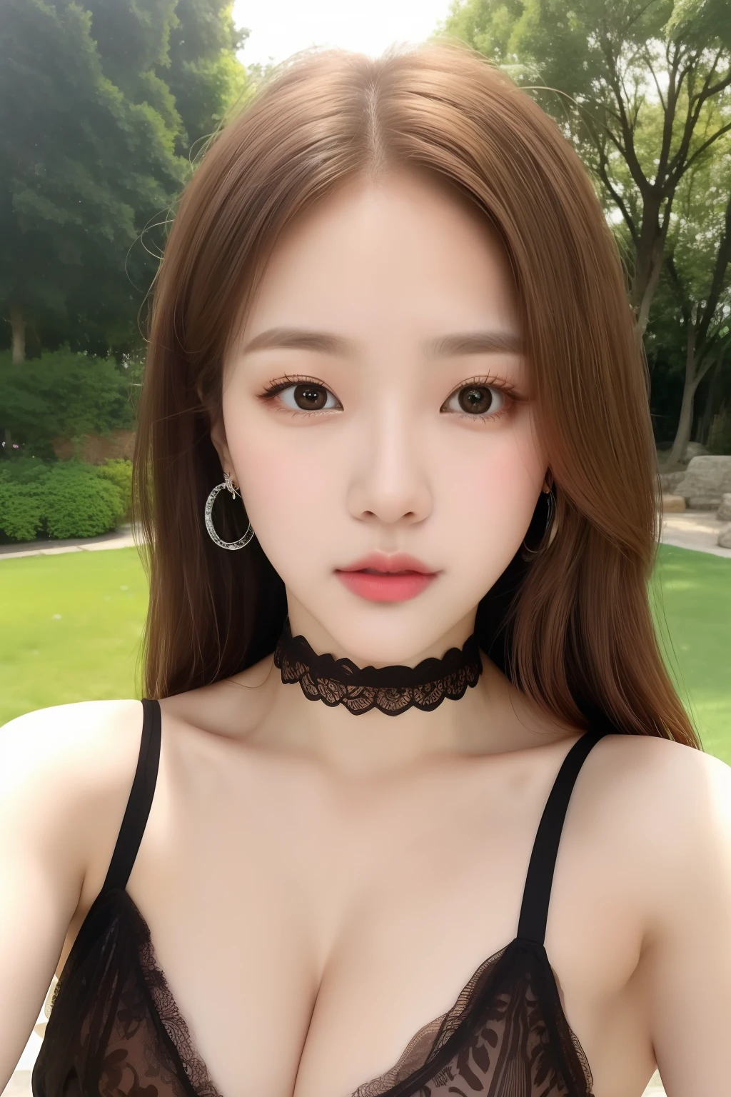 half-body photo of a korean girl, (Perfect beauty:1.37), ((platinum brown hair)), medium(((perfect natural ))), cleavagcollarboneval face, double eyelids, smart peach blossom eyes, pink lips, small nose, bangs, earrings, lace choker, bare shoulders, strapless(black lace short dress), (Outdoor, Night:1.125), Park view, Super fine face, Fine eyes, Double eyelids, (Clear focus), (Realistic lighting, Best quality, 8K, Masterpiece: 1.43),