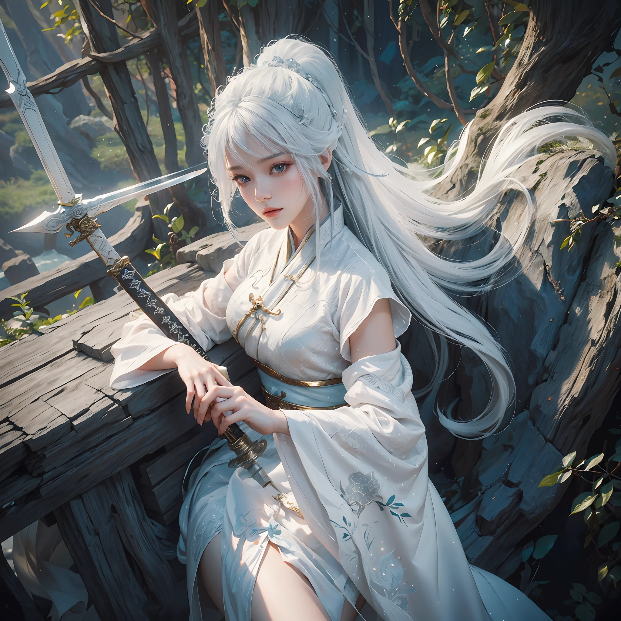 a close up of a woman with a sword in a white dress, a character portrait by Yang J, trending on cgsociety, fantasy art, beautiful character painting, artwork in the style of guweiz, guweiz, white hanfu, flowing white robes, full body wuxia, epic exquisite character art, stunning character art, beautiful female assassin --auto --s2