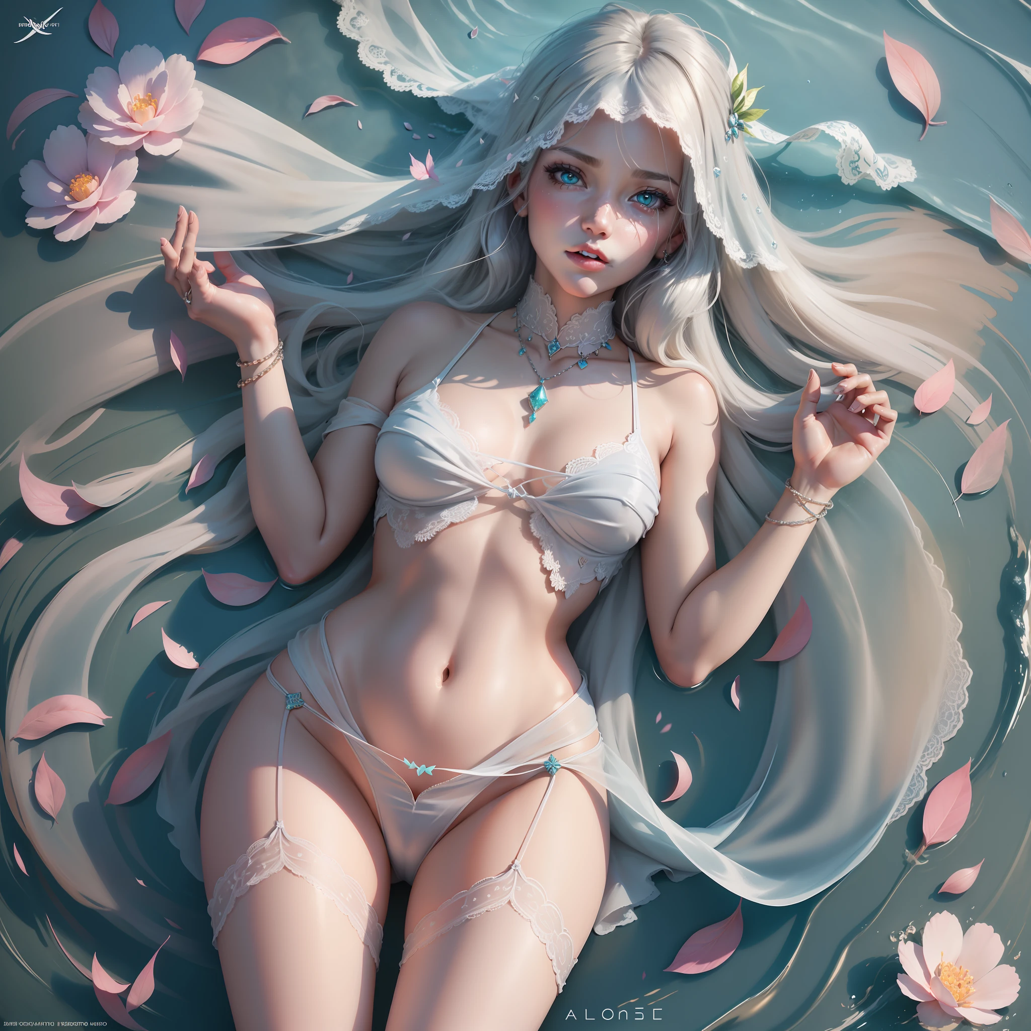Open legs, camel toes, long eyelashes, solid round eyes, faint smile, ear blush, Lying in the water, open palms to face the camera, lace tights, exposed navel, barcode, sexy, hair scattered in the water, petals falling in the air, wedding dress, long white hair, veil, transparent eye patch, full body, tongue sticking out, panting, head garland, gradient eyes, aqua eyes, gradient eyes, glowing eyes, blush, heart in the eyes, naughty face, endureable face, surrealism, shadow, relief, Stereogram, tachi-e, pov, atmospheric perspective, verism, from above, overexposure, 8k, super detail, ccurate, best quality, best quality, uhd, anatomically correct, ccurate, masterpiece, high detail, leaf shadow, long legs, shyness