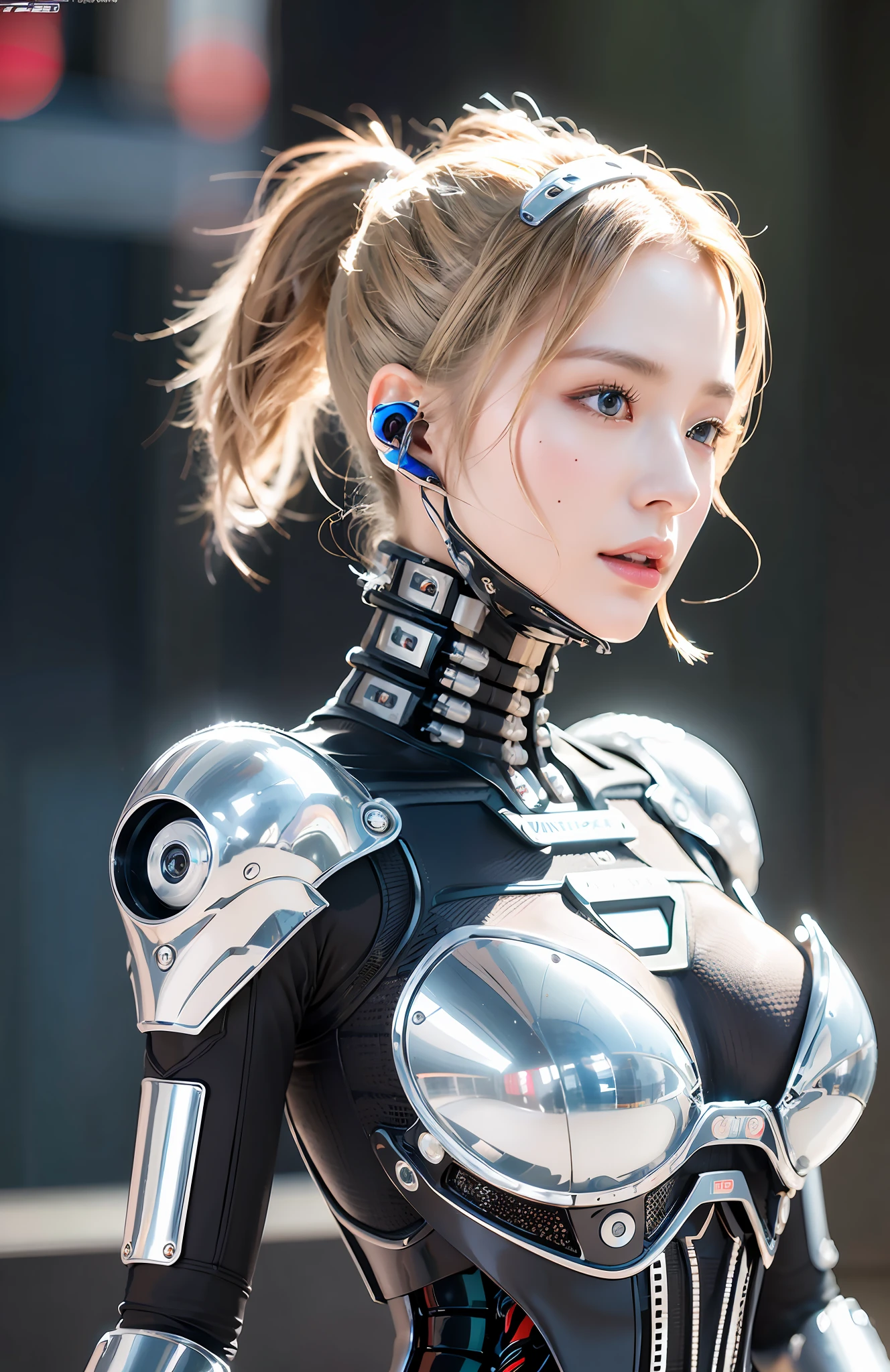 Complex 3d render ultra-detailed beautiful porcelain profile female android face, cyborg, robot part, 150 mm, beautiful studio soft light, rim light, vivid details, gorgeous cyberpunk, lace, surreal, anatomical, face muscle, cable wire, microchip, elegant, beautiful background, octane rendering, HR Giger style, 8k, top quality, masterpiece, illustration, very delicate and beautiful, highly detailed, CG, uniform, wallpaper, ( realistic, Photorealistic: 1.37), Amazing, Elaborate, Masterpiece, Top quality, Official art, Highly detailed CG unity 8k wallpaper, Absurd, Incredibly absurd, Robot, Silver Halmet, Full body, Sitting