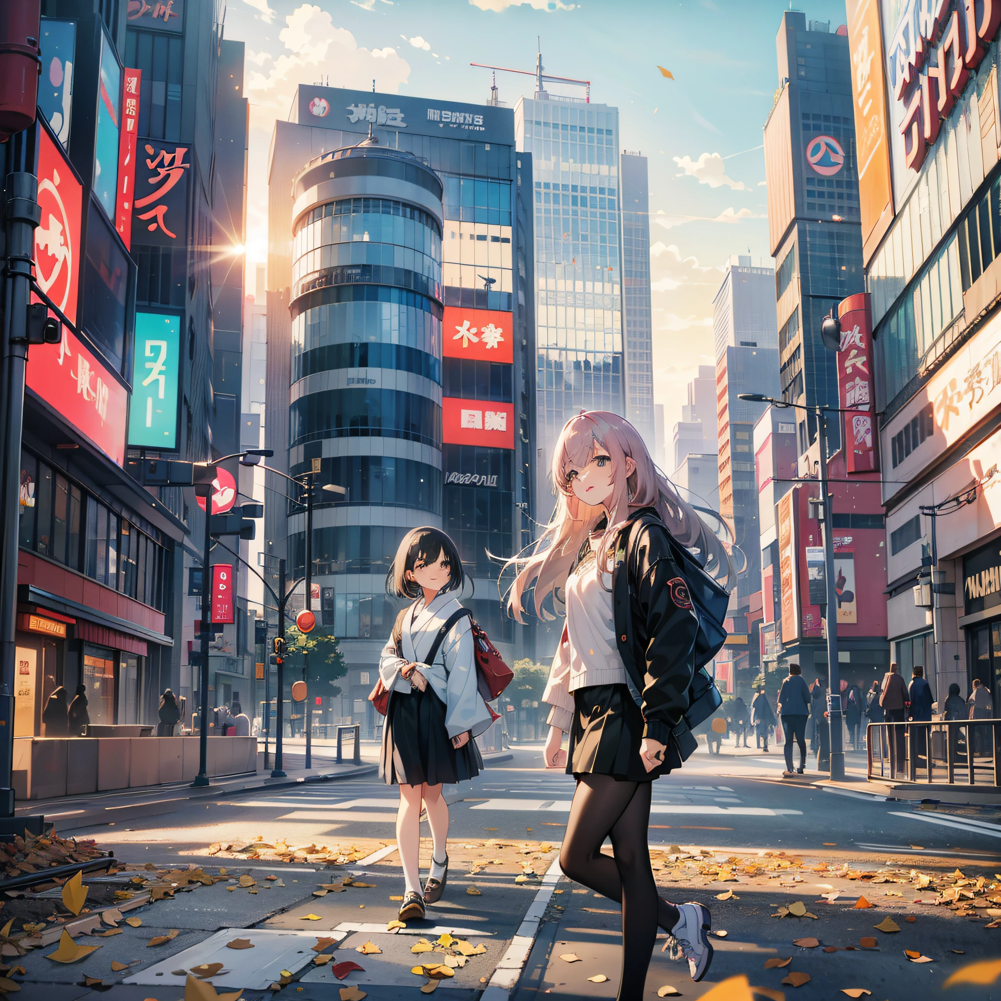 anime scene of two girls crossing a street in a city, tokyo anime scene, anime style. 8k, anime style 4 k, anime style mixed with fujifilm, realistic anime 3 d style, anime styled digital art, trending on cgstation, modern anime style, anime style cityscape, anime styled 3d, japanese downtown, artwork in the style of guweiz